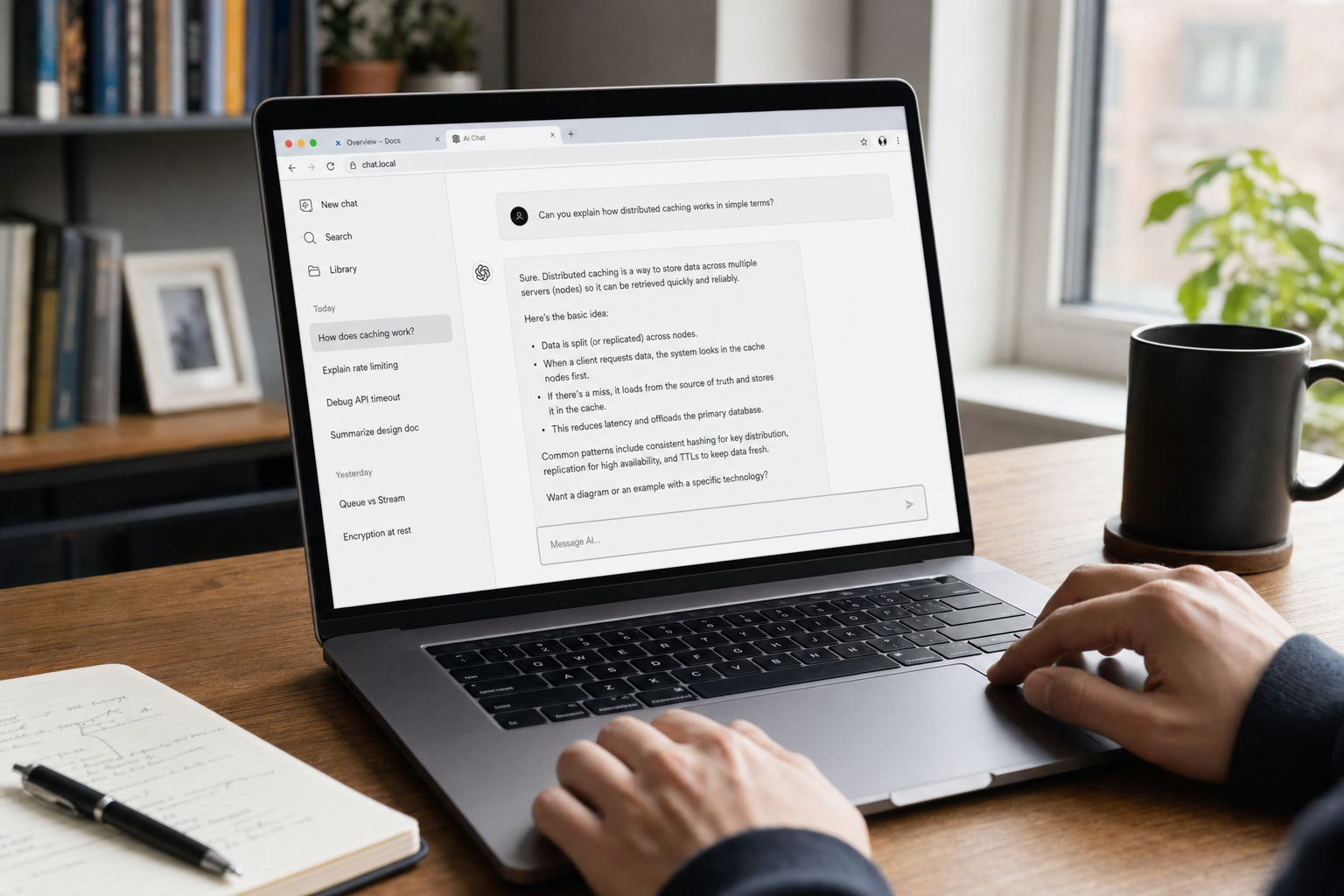 MacBook in a browser showing DeepSeek used online via the web chat surface in a modern home office
