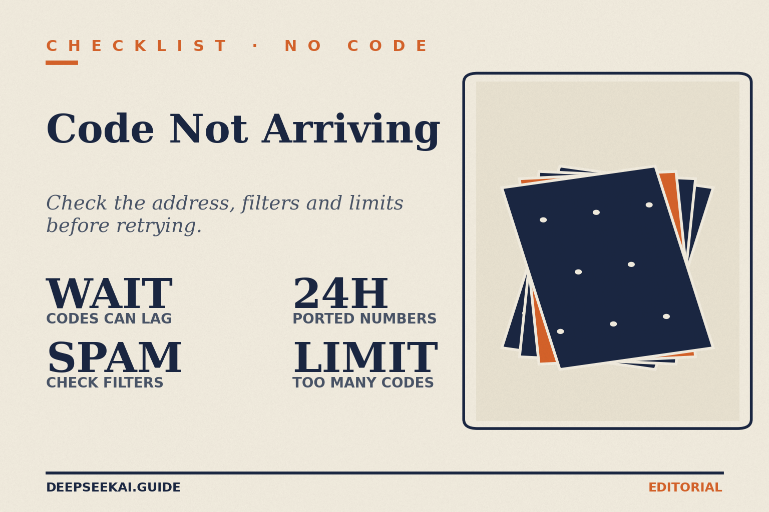 Checklist title card: eyebrow 'Checklist · No code', title 'Code Not Arriving', tagline 'Check the address, filters and limits before retrying.', and four stats: Wait, codes can lag; Spam, check filters; 24H for ported numbers; and Limit, too many codes, beside a punch-card illustration.