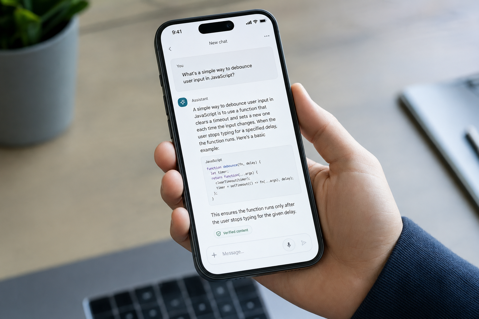 Smartphone showing a DeepSeek chat reply with a safety indicator chip confirming verified content