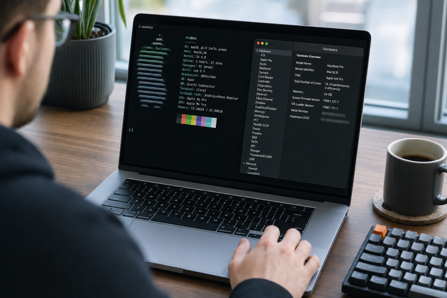 DeepSeek requirements — developer check Developer checking system specs on a MacBook to confirm DeepSeek system requirements before installing
