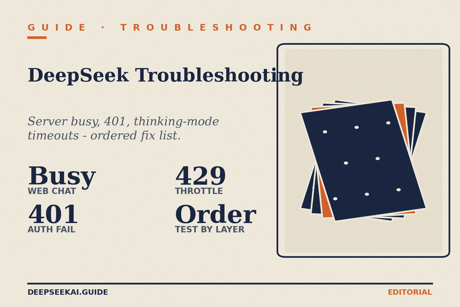 DeepSeek troubleshooting card showing the four facts about the practical fix-order in April 2026: the Server-busy banner on the web chat, 401 errors on bad or missing API keys, 429 throttling under dynamic concurrency limits, and a layer-by-layer test order (browser, app, API, model) before opening a support ticket.