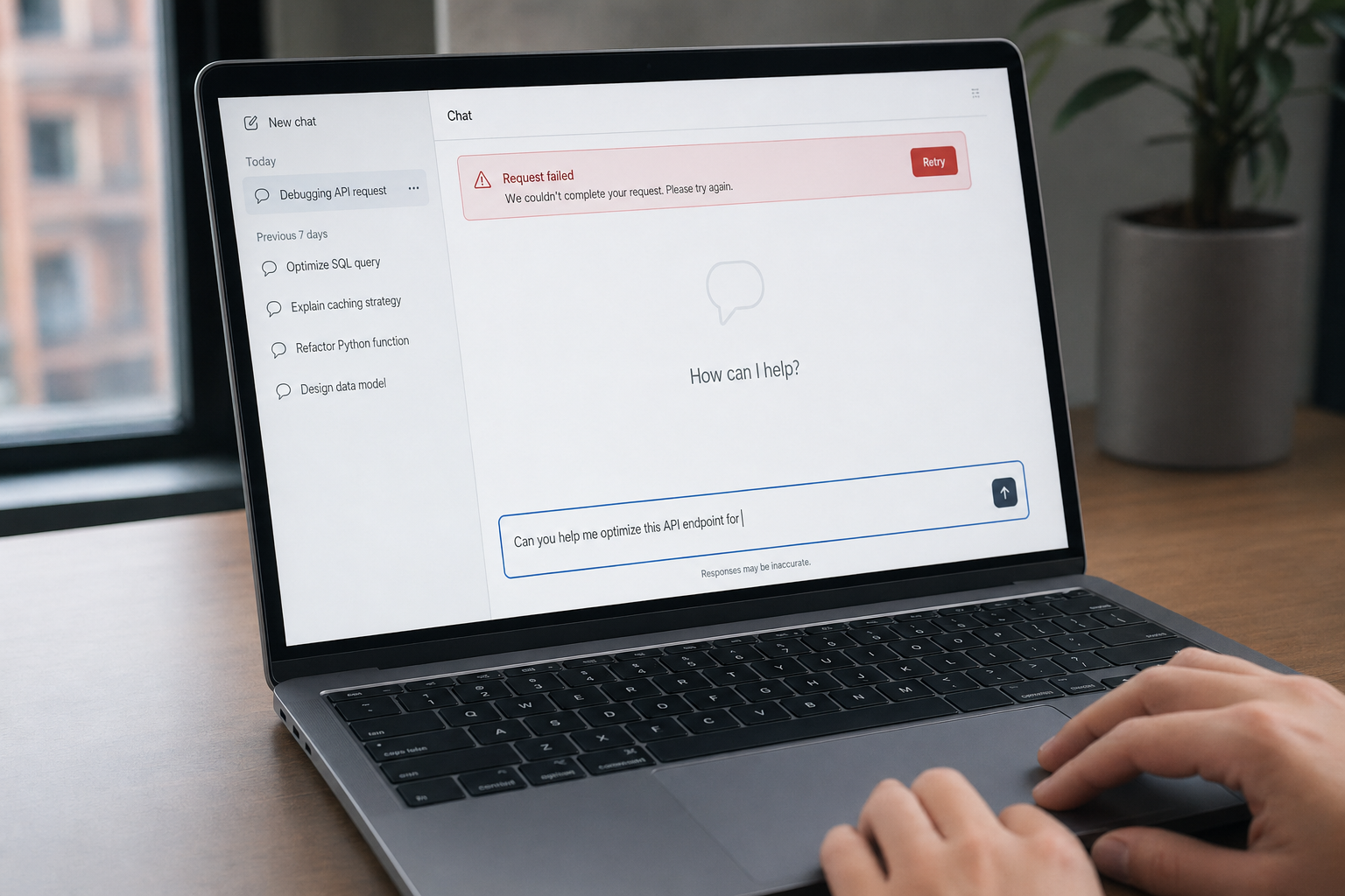 Laptop showing a DeepSeek chat error banner with a retry button as a real troubleshooting starting point