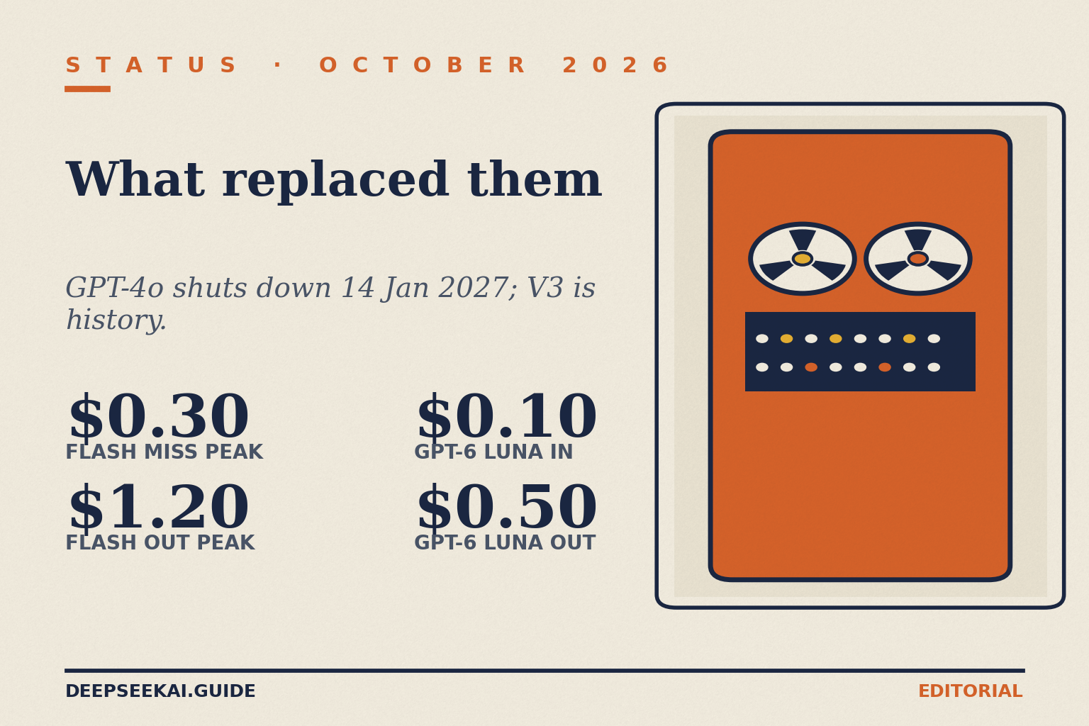 Status title card: eyebrow 'Status · October 2026', title 'What replaced them', tagline 'GPT-4o shuts down 14 Jan 2027; V3 is history.', and four stats per 1M tokens: $0.30 deepseek-flash cache-miss input at peak, $1.20 deepseek-flash output at peak, $0.10 GPT-6 Luna input and $0.50 GPT-6 Luna output, beside a mainframe illustration.
