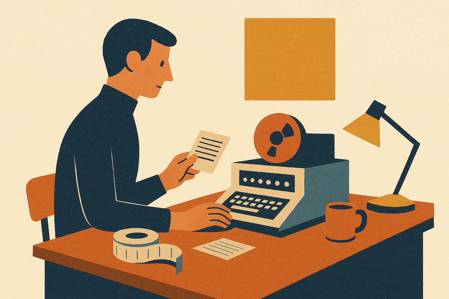 Mid-century editorial illustration of a small sunlit office with one engineer at a wooden desk operating a compact 1960s desktop computer with a single magnetic-tape reel and a small paper printout, conveying the cost-efficient, deployable DeepSeek V4-Flash tier.