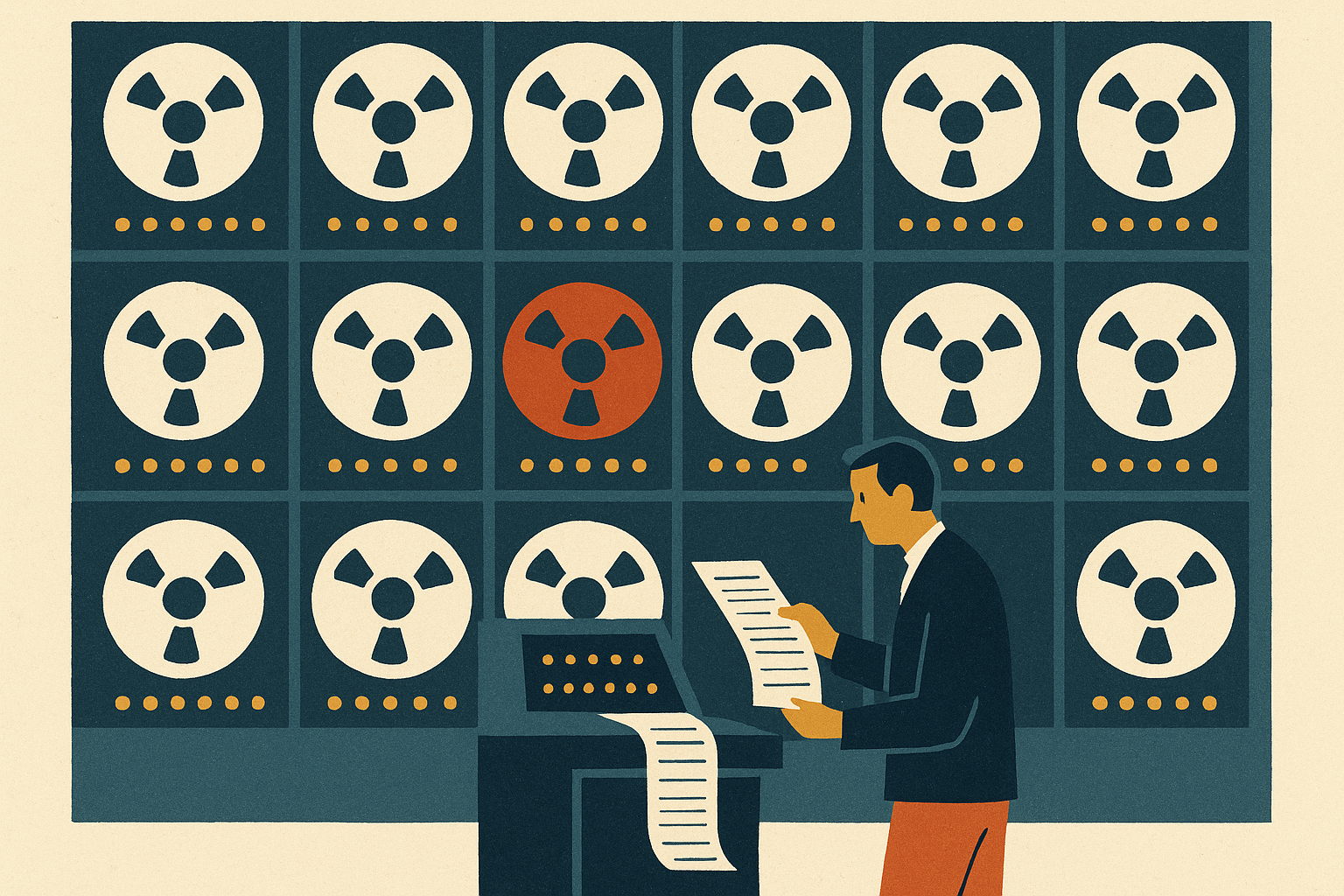 Mid-century editorial illustration of a vast 1960s mainframe data hall: rows of reel-to-reel cabinets fill the upper two-thirds of the frame while a single small engineer stands at a console in the foreground, conveying the frontier-scale 1.6-trillion-parameter DeepSeek V4-Pro model.