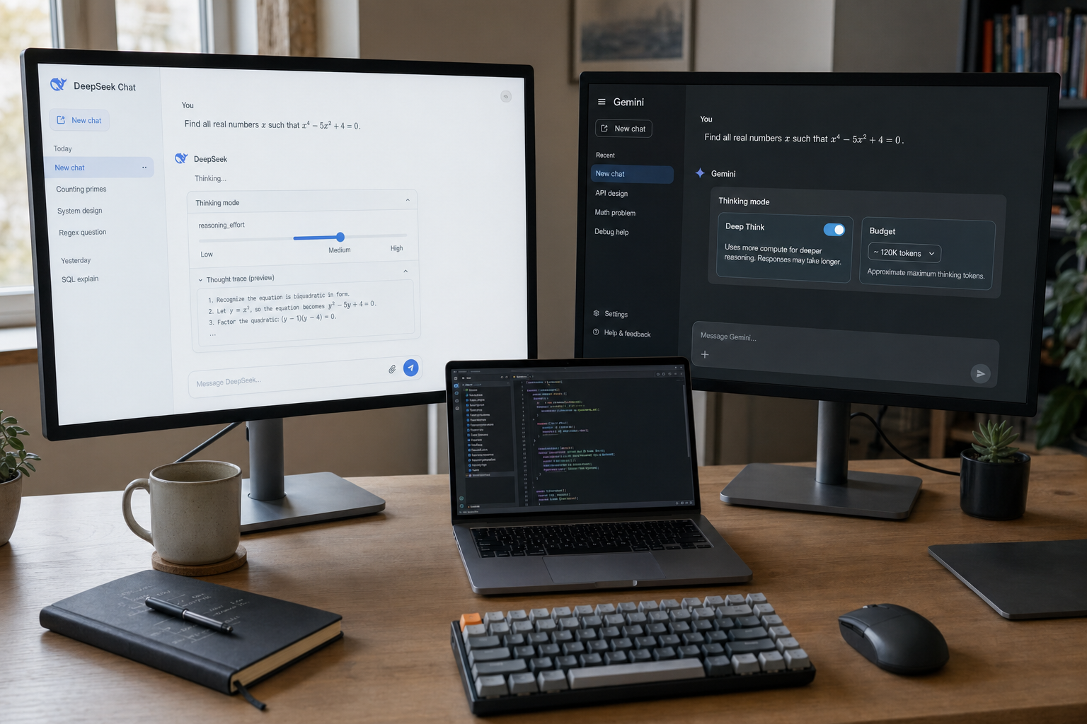 DeepSeek vs Gemini — thinking-mode control panels Two monitors comparing DeepSeek V4 reasoning_effort and Gemini 3.1 Pro Deep Think thinking-mode control panels.