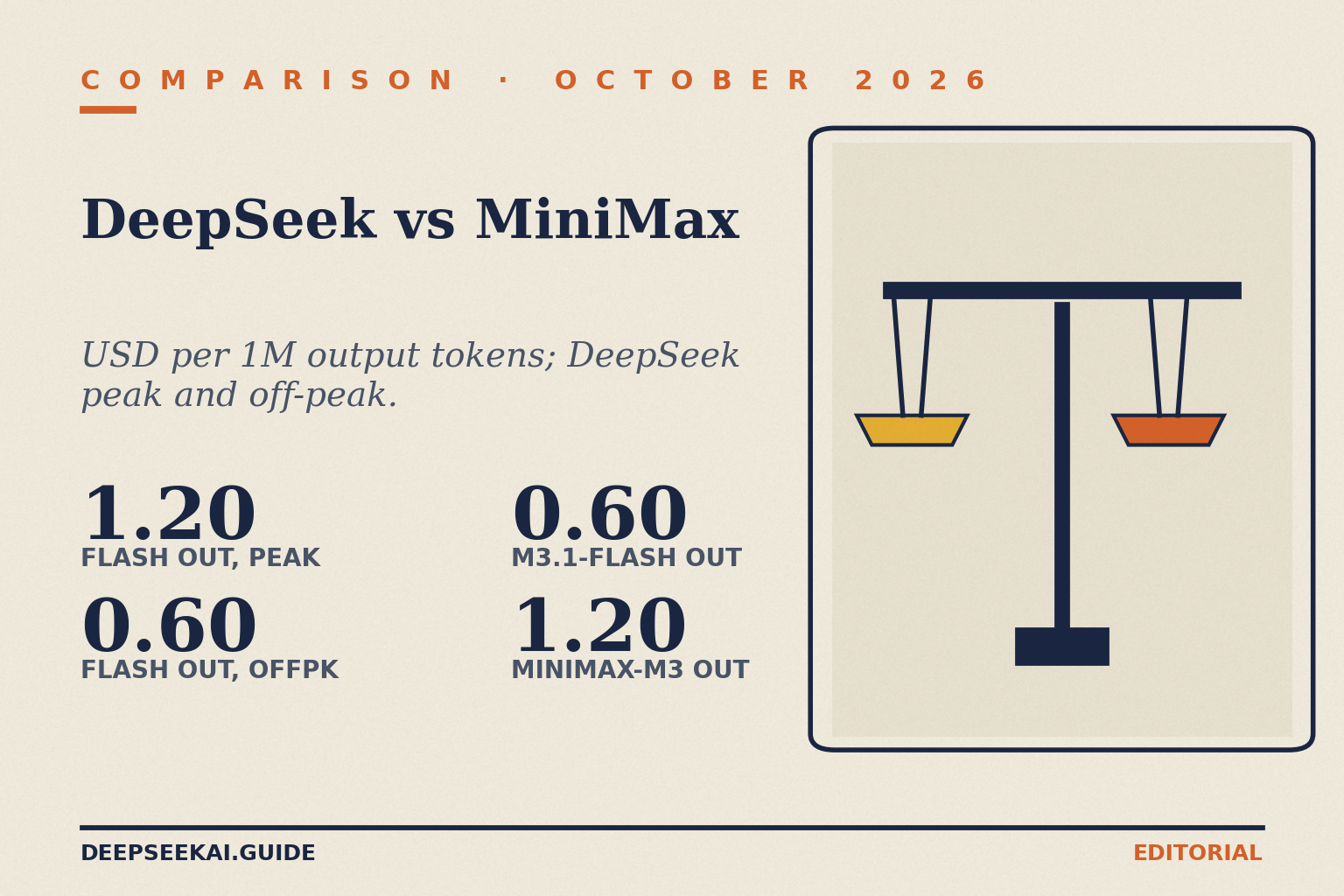 DeepSeek vs MiniMax title card: eyebrow 'Comparison · October 2026', title 'DeepSeek vs MiniMax', tagline 'USD per 1M output tokens; DeepSeek peak and off-peak.', and four stats: 1.20 for deepseek-flash output at peak, 0.60 off-peak, 0.60 for MiniMax-M3.1-Flash output and 1.20 for MiniMax-M3 output, beside a balance-scales illustration.