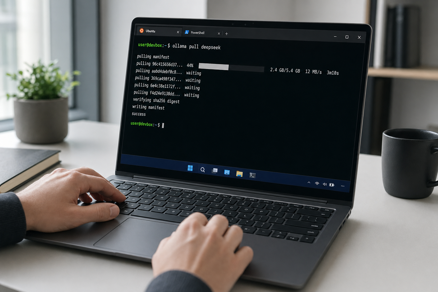 DeepSeek on Windows — WSL Ollama pull Windows laptop pulling a DeepSeek model into WSL with Ollama from the Windows Terminal