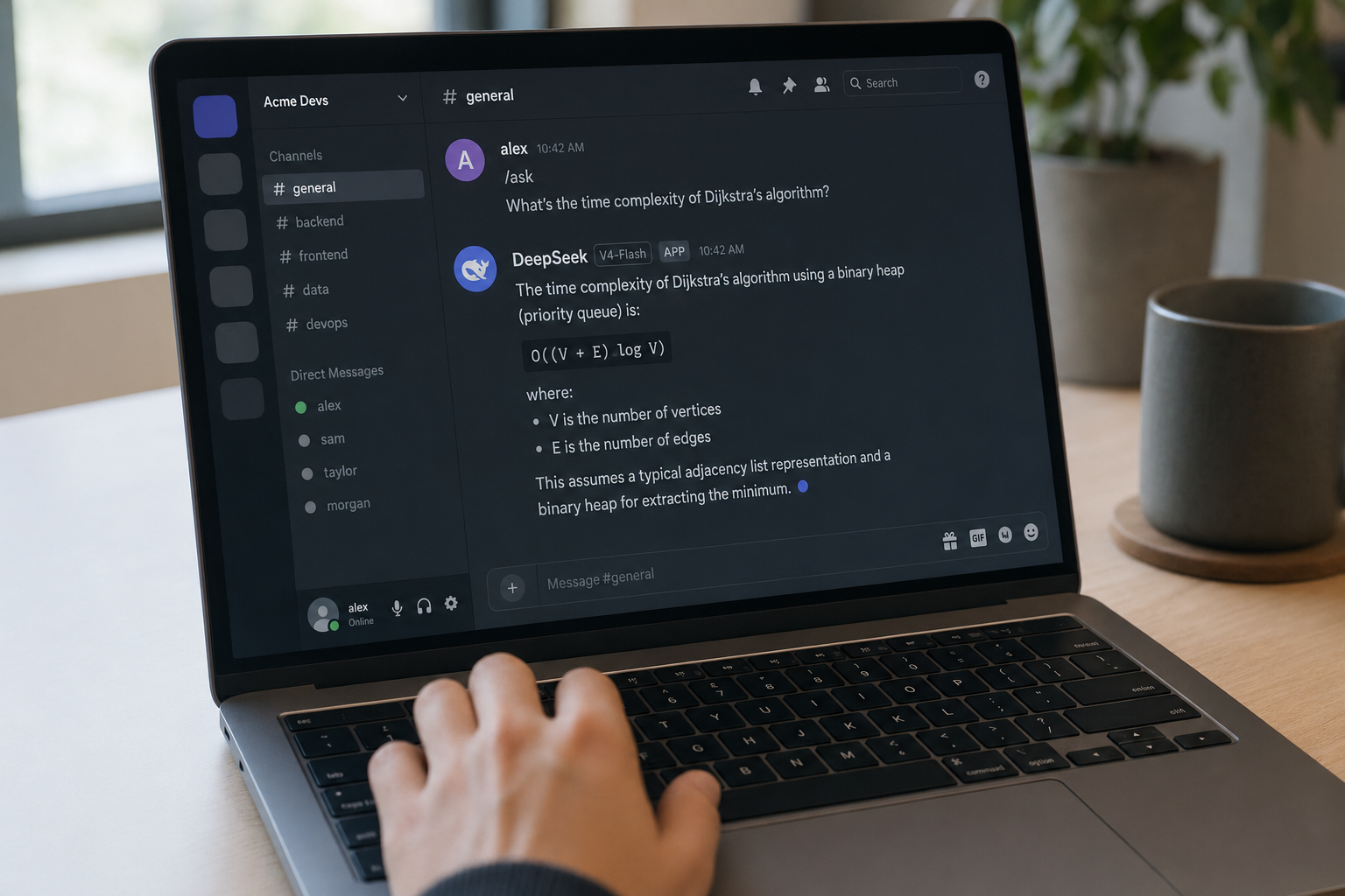 DeepSeek Discord bot - client UI mockup Chat-client UI mockup showing a DeepSeek V4-Flash bot replying to a slash-command in a community channel.