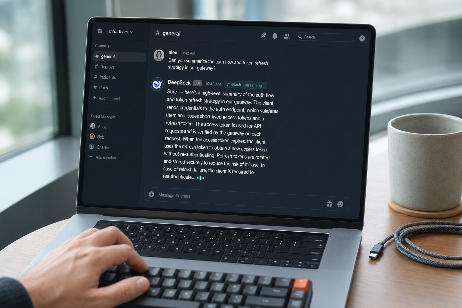 Discord bot - streaming via message edits Discord-style channel showing a DeepSeek V4-Flash bot reply streaming token by token via message edits.