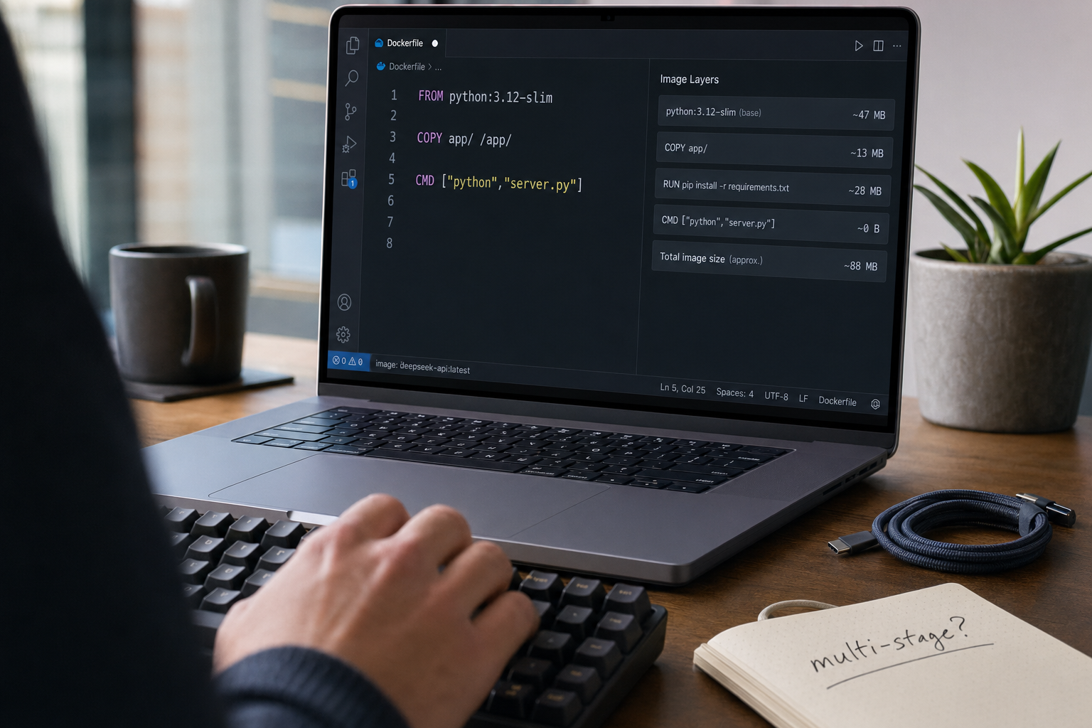 Code editor showing a Dockerfile being authored for a DeepSeek V4 API client image with built layers on the side.