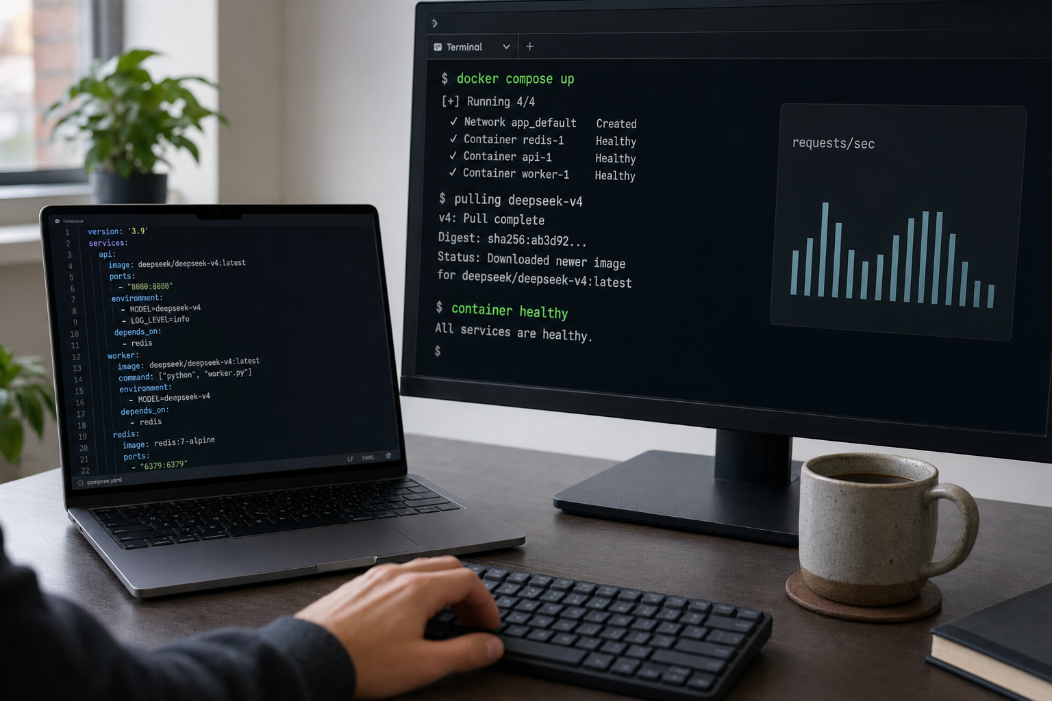 Developer monitor showing a Docker compose deployment of a DeepSeek V4 service with healthy containers.