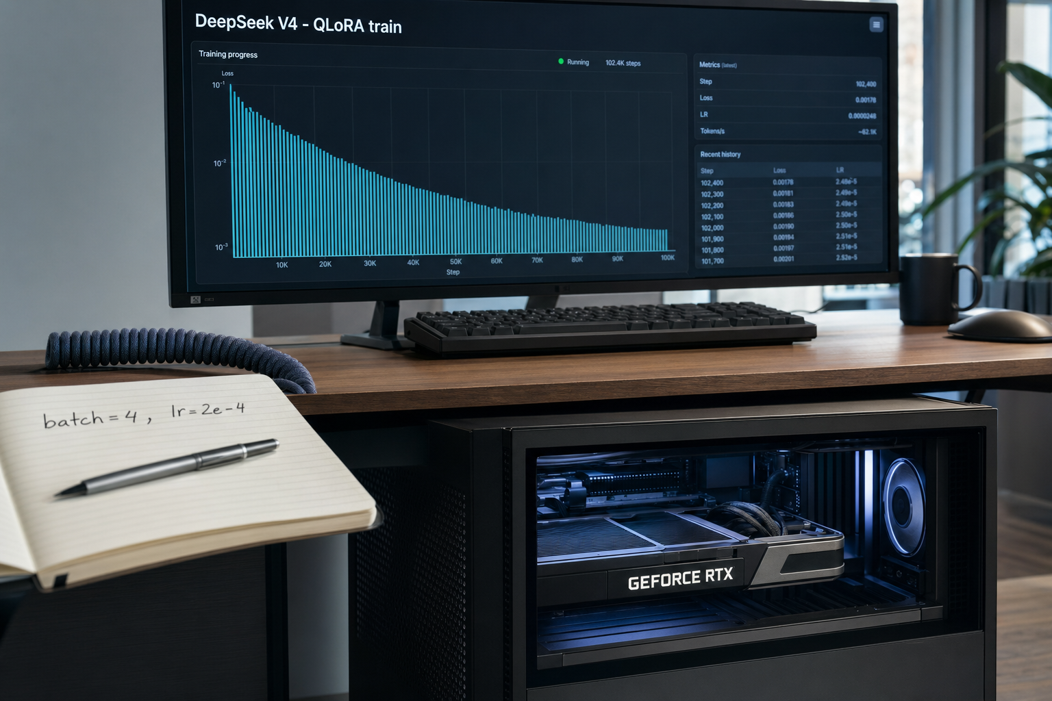 Fine-tuning - GPU rig running a QLoRA train Desktop workstation with a single GPU and an external monitor showing a DeepSeek V4 QLoRA fine-tuning run.