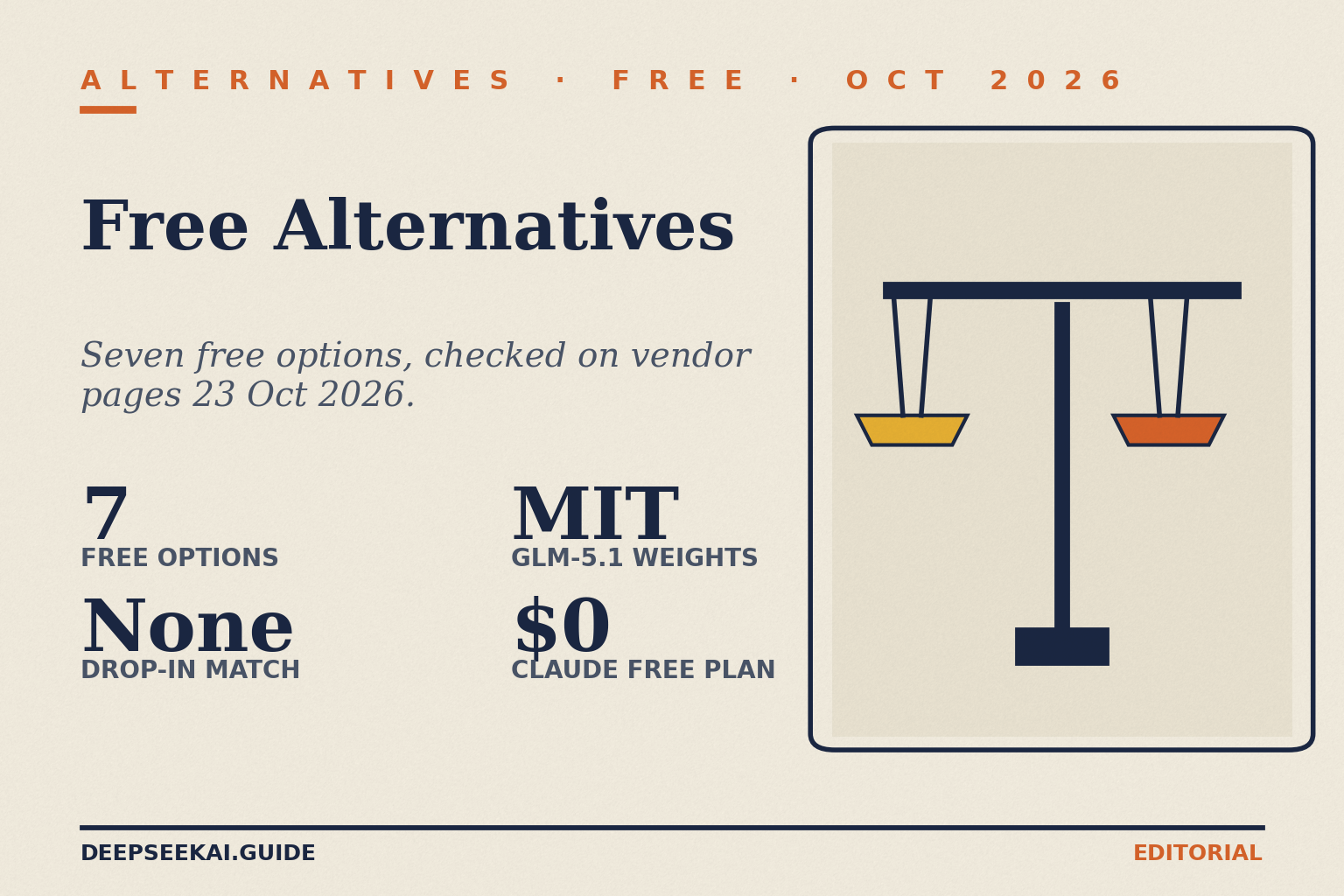 Title card reading ALTERNATIVES · FREE · OCT 2026 and Free Alternatives, with the tagline “Seven free options, checked on vendor pages 23 Oct 2026.” and four stats: 7 free options, none a drop-in match, MIT-licensed GLM-5.1 weights and Claude’s $0 Free plan, beside a balance-scale drawing.