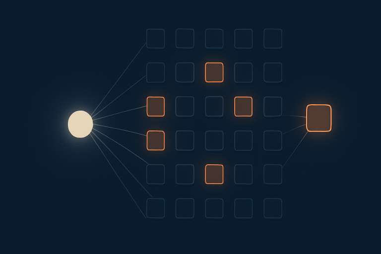 Stylised illustration of a glowing router connecting to a grid of expert nodes, with a few experts active in amber and a shared expert always on.