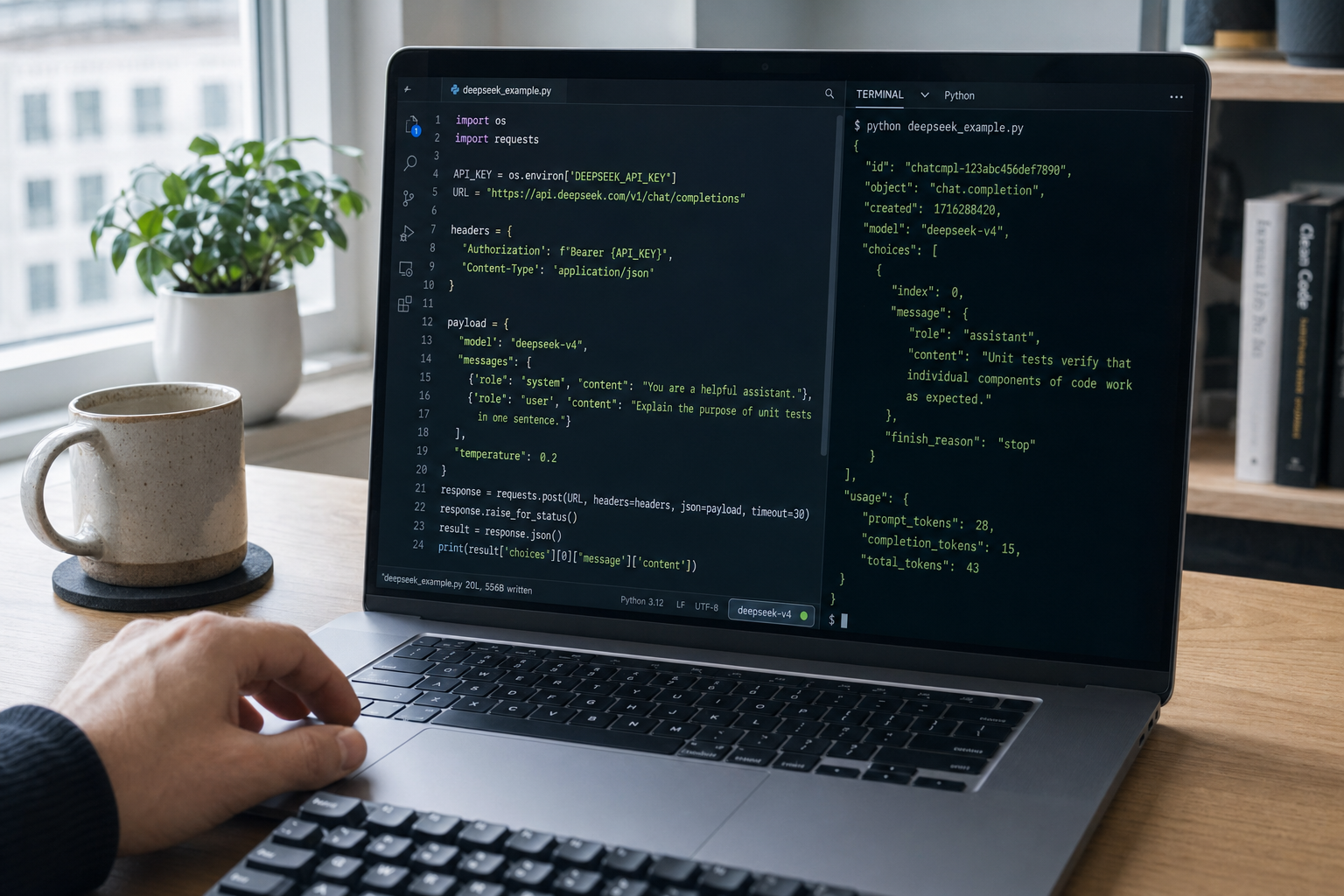 Editor and terminal showing a first DeepSeek V4 API call from Python with a JSON response printed back.