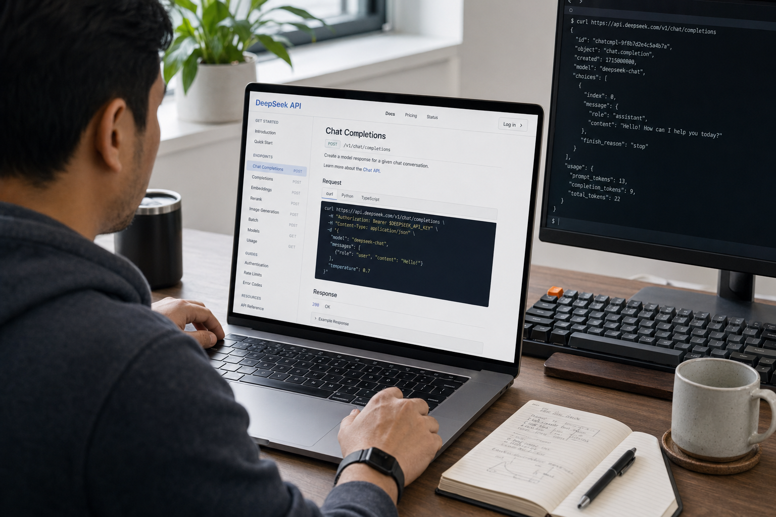 DeepSeek API documentation — developer at docs Developer reading DeepSeek API documentation on a MacBook with a curl example and JSON response visible