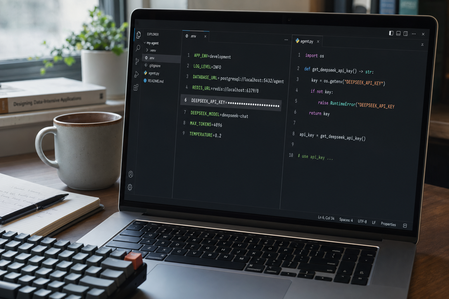 DeepSeek API authentication — dotenv with redacted key Code editor showing a .env file with a redacted DeepSeek API key being loaded by a Python script