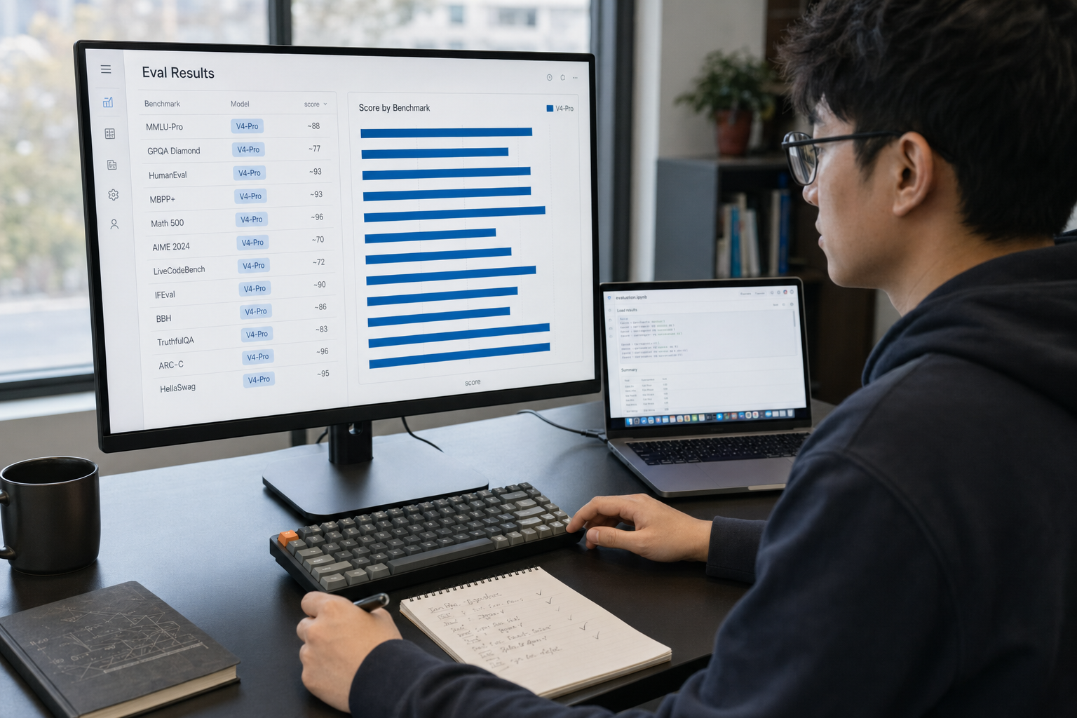 Researcher at a modern workstation reviewing a DeepSeek V4 benchmark dashboard with bar charts