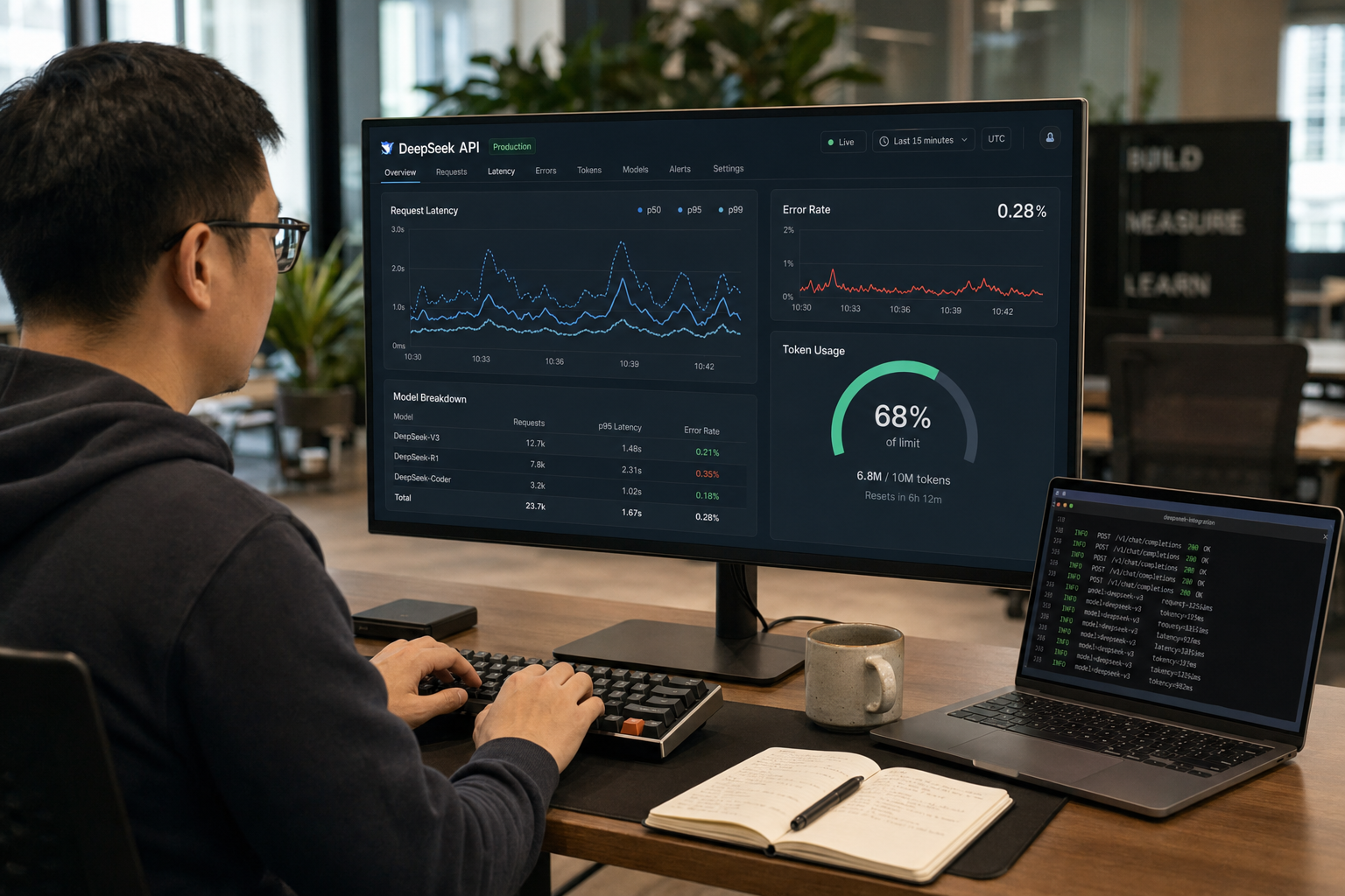 Developer watching a DeepSeek API monitoring dashboard with latency, error rate, and token usage panels