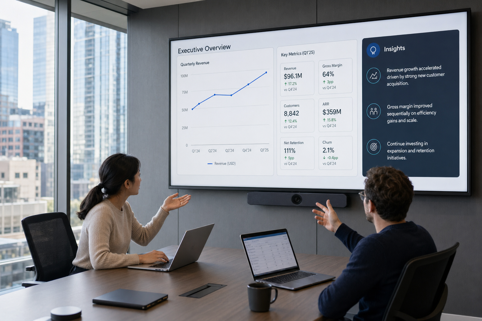 Team using DeepSeek for business reviewing a dashboard with AI-generated insights in a modern boardroom
