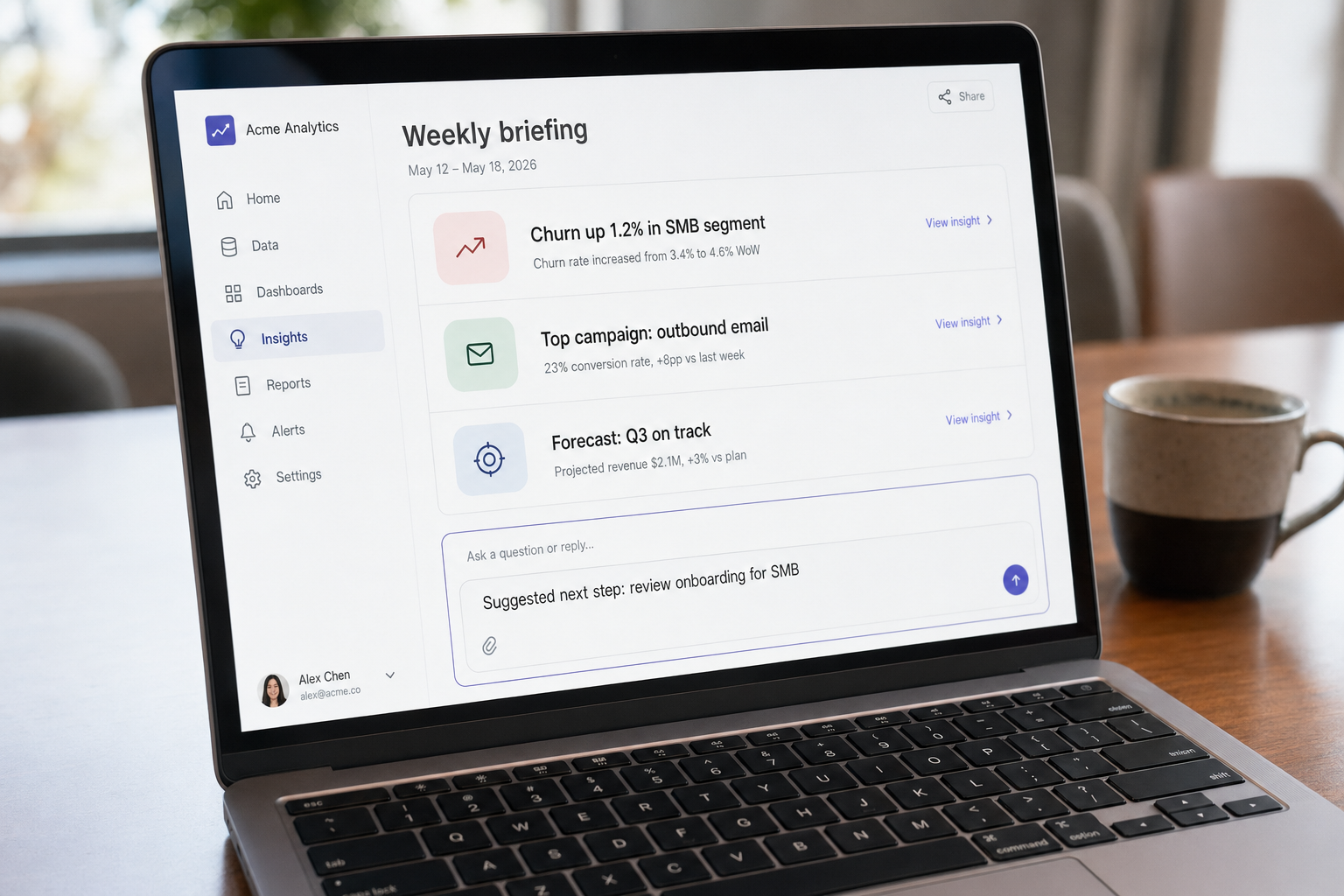Close-up of a DeepSeek business briefing UI with three insight cards and a suggested next step