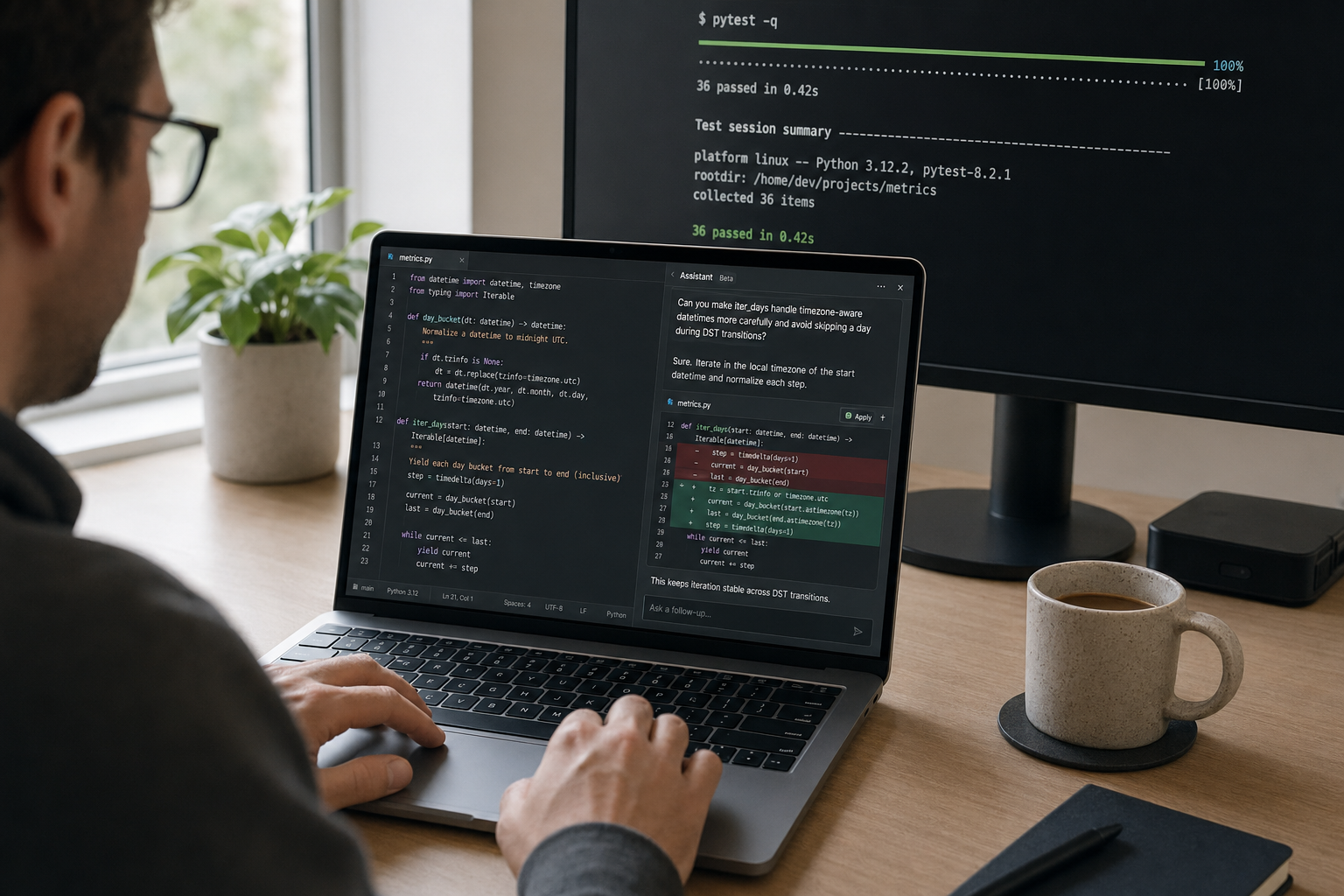 Developer using DeepSeek for coding inside an IDE with an inline AI suggestion and side chat panel