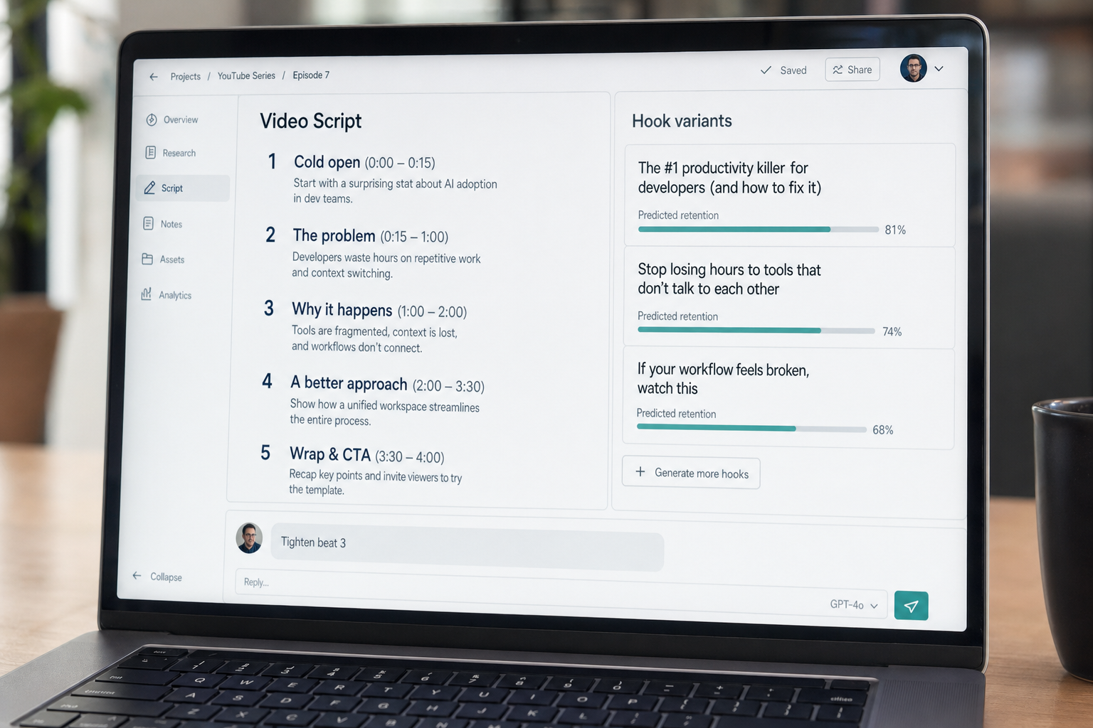Close-up of DeepSeek content creation UI with script beats and hook variants for a short video