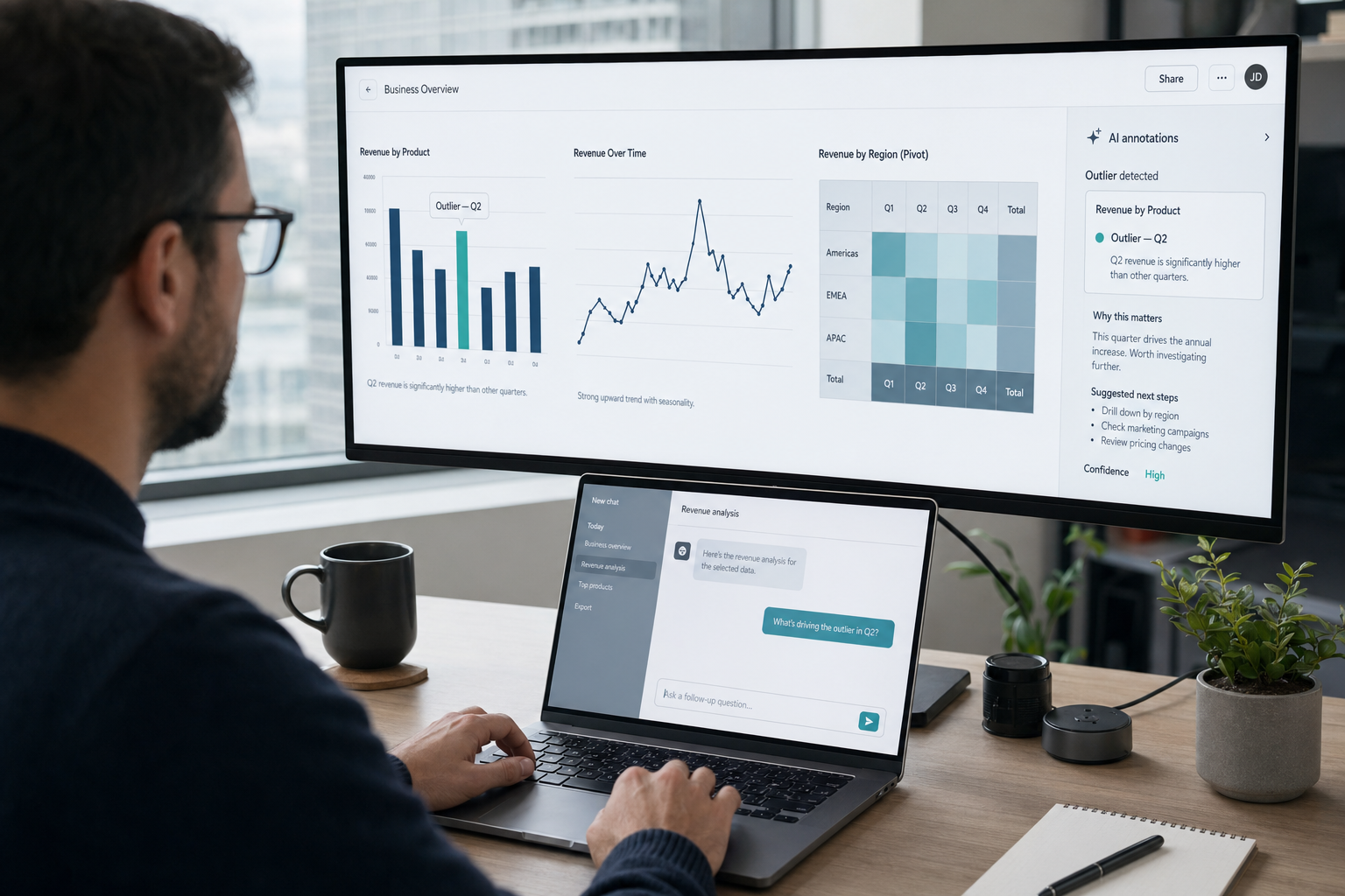 Data analyst using DeepSeek for data analysis with charts and AI-annotated outliers on a dashboard
