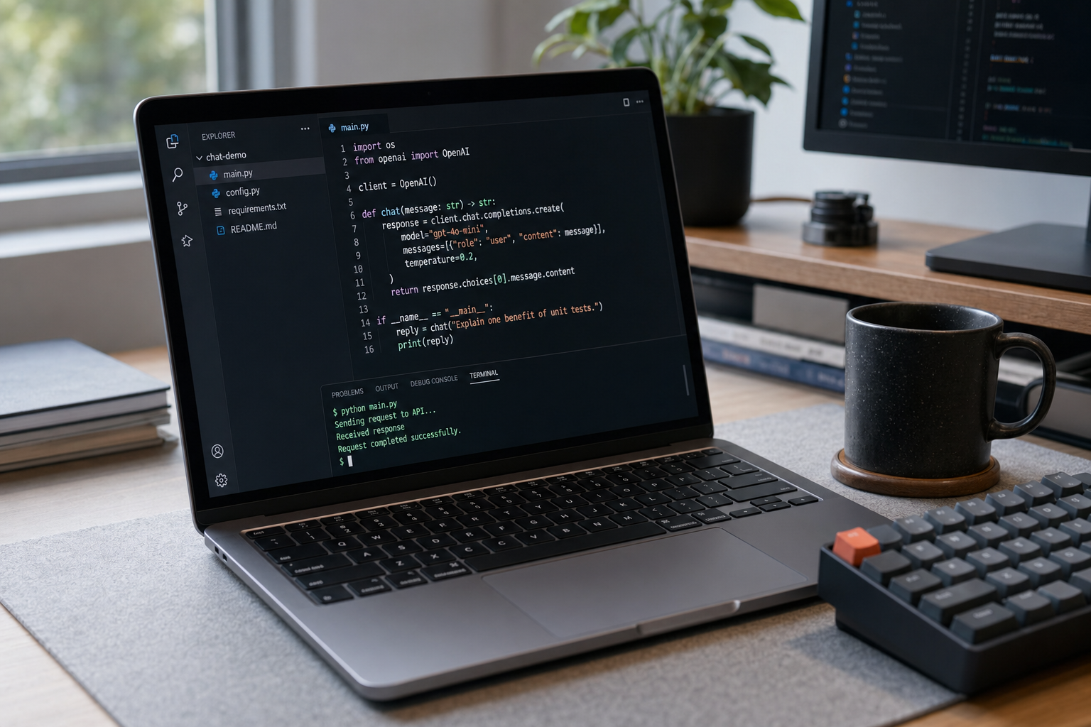 Developer at modern home-office desk running a DeepSeek API call from a laptop code editor
