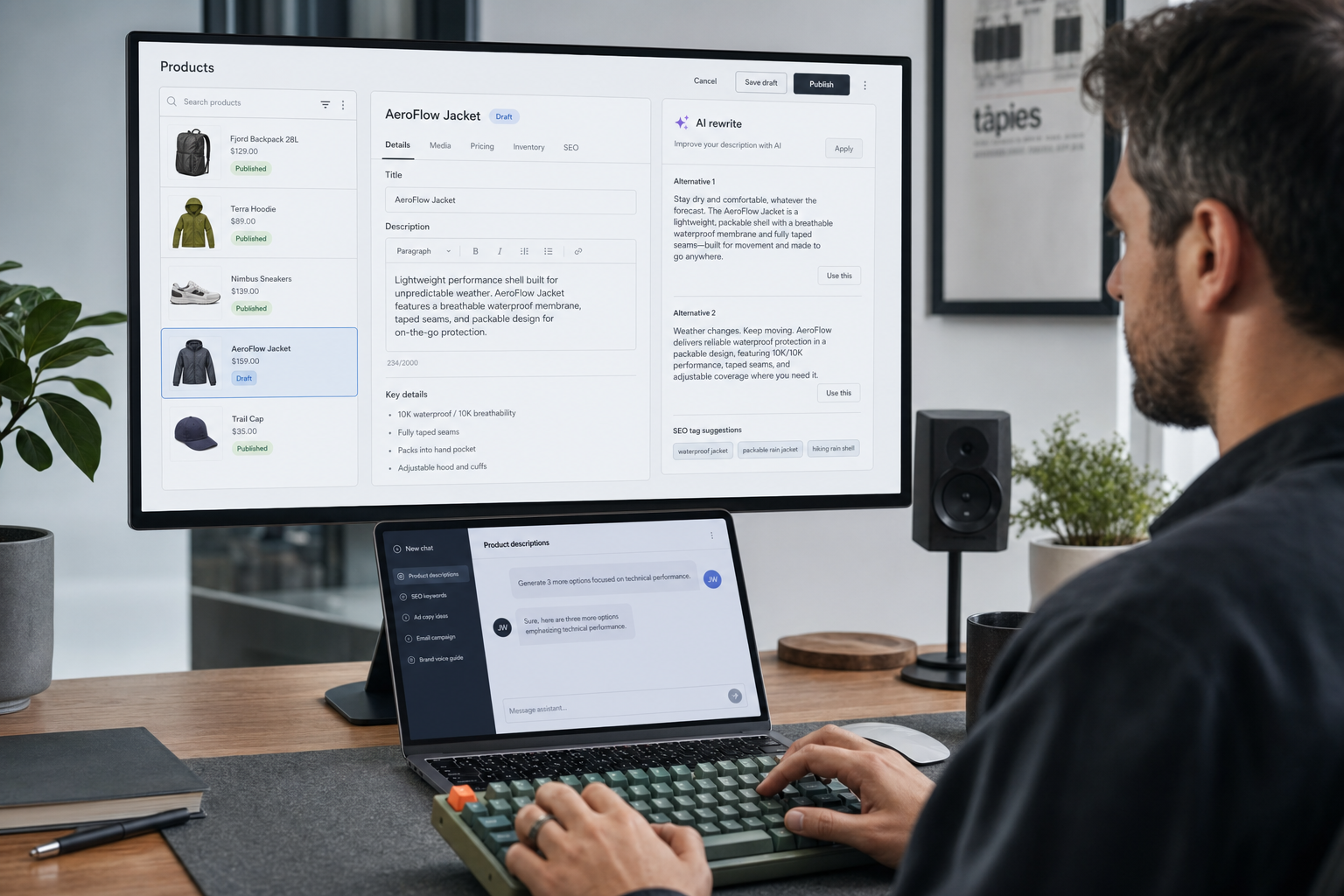 DeepSeek for ecommerce — admin panel at desk Ecommerce manager using DeepSeek for ecommerce with AI-drafted product descriptions in an admin panel