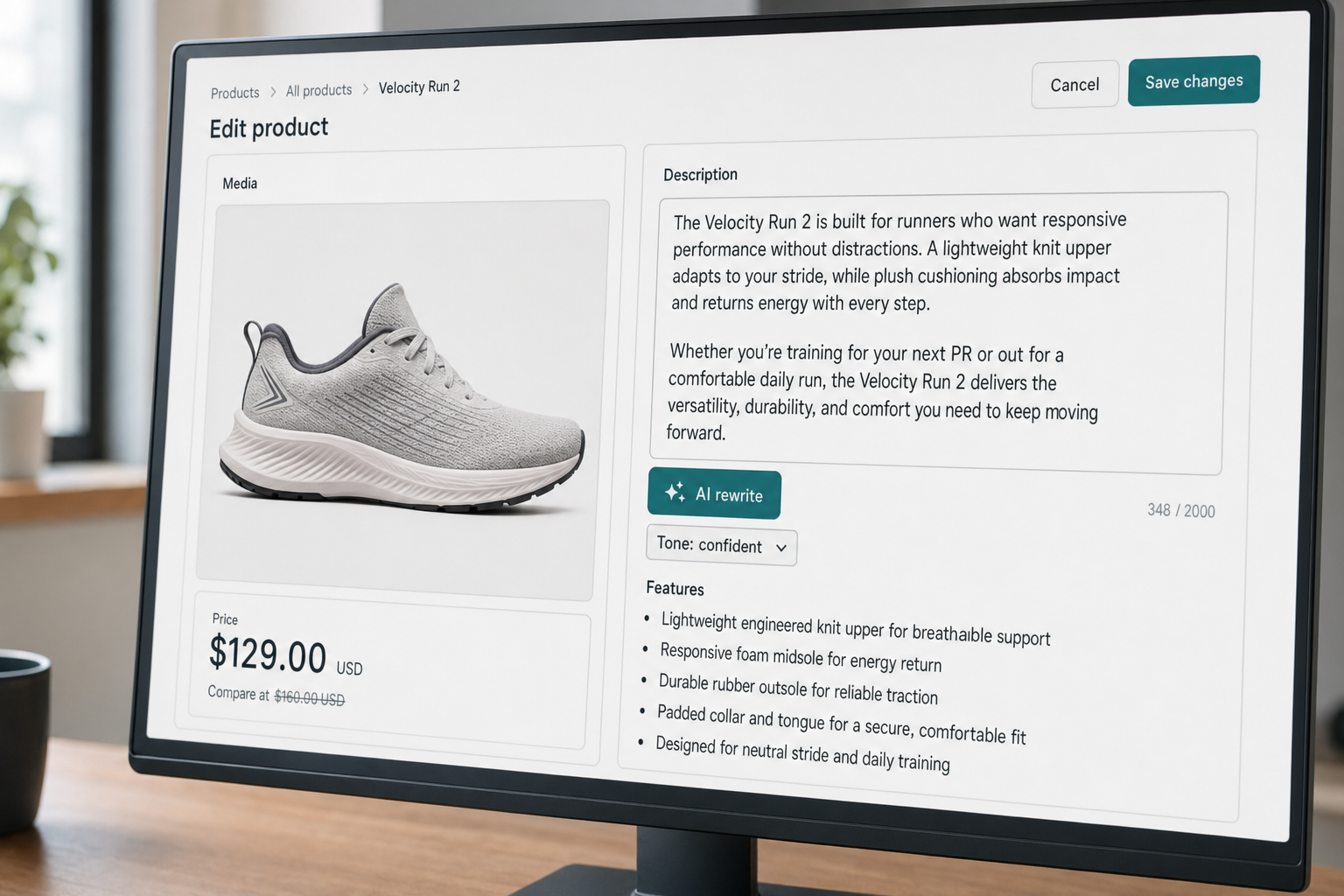 DeepSeek for ecommerce — product editor close-up Close-up of an ecommerce product editor with AI-rewritten description and a confident tone tag