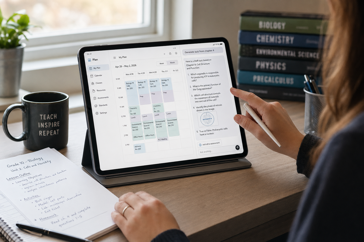 DeepSeek for education — teacher with tablet Teacher using DeepSeek for education on a tablet generating quiz questions from a chapter