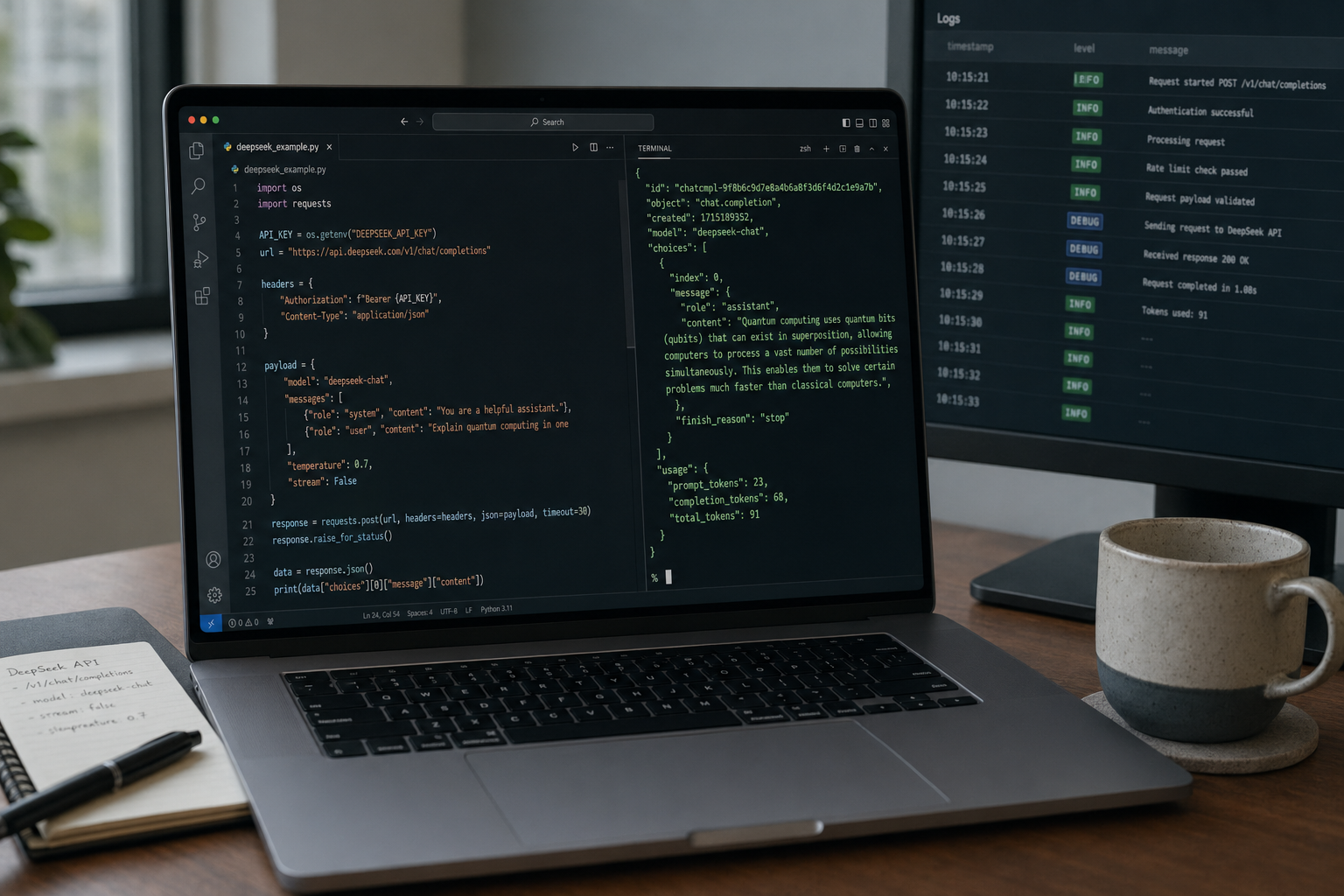 Code editor and terminal showing a DeepSeek API example request with a JSON response containing choices