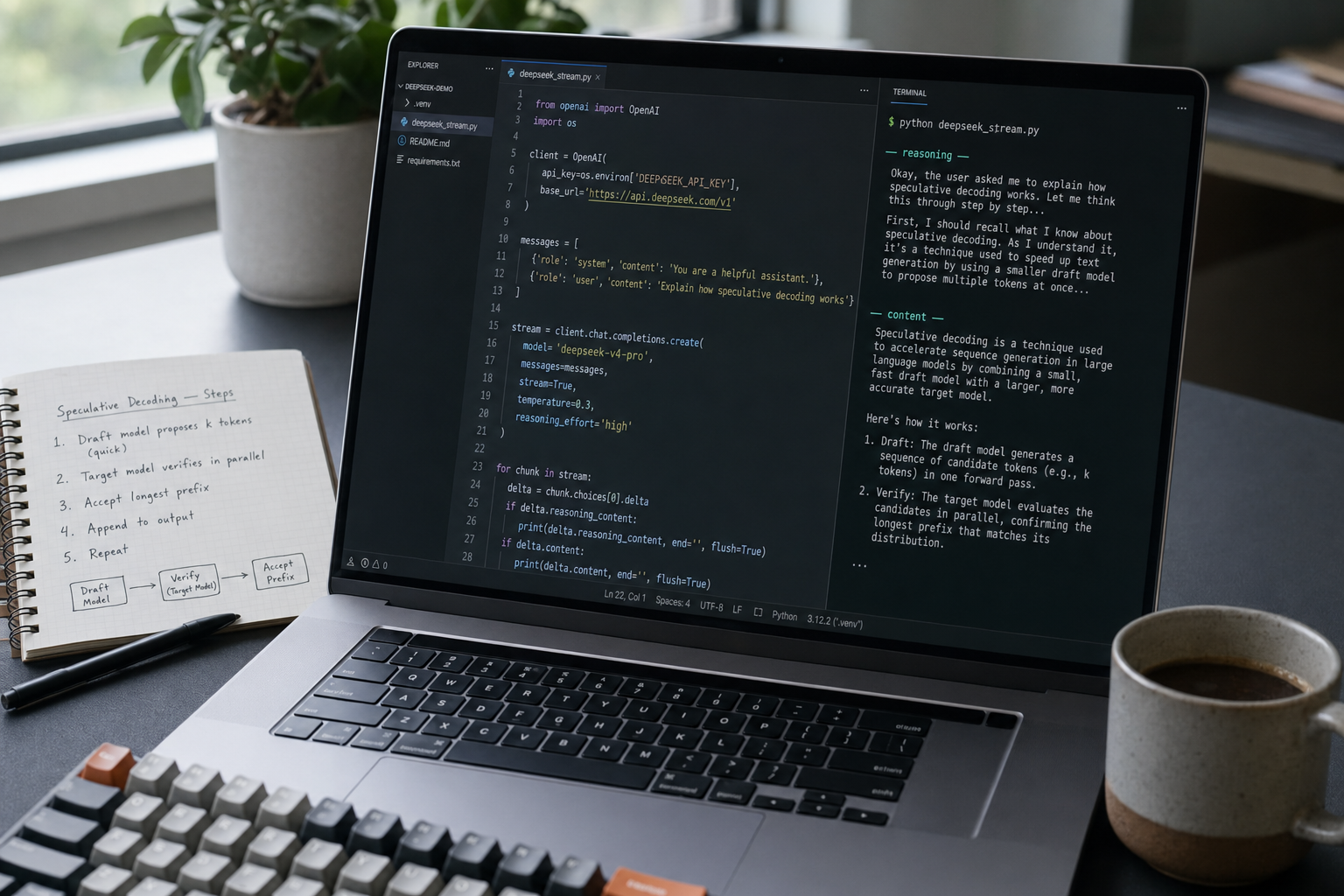 Editor and terminal showing a DeepSeek V4-Pro API call with reasoning_effort high producing a thinking-mode response.