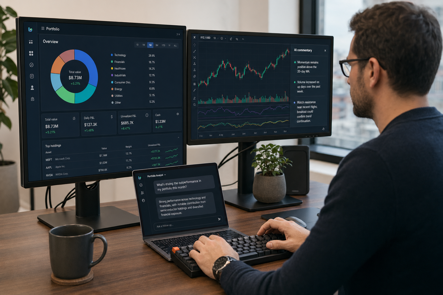Financial analyst using DeepSeek for finance with portfolio dashboard and AI commentary on screen