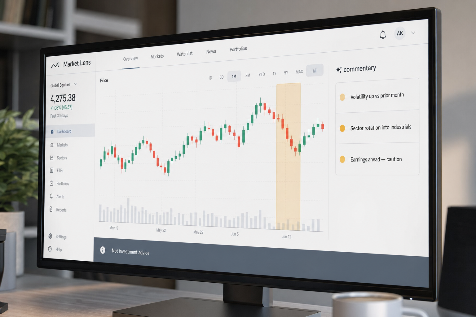 Close-up of a finance dashboard with AI commentary bullets and a not-investment-advice banner