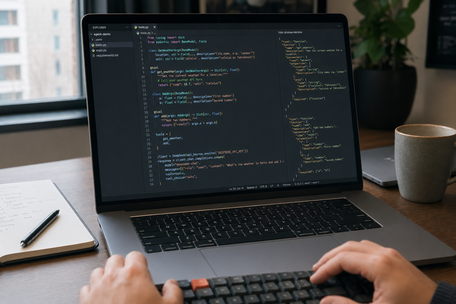 IDE showing Python tool definitions and a DeepSeek API call with a tools list for function calling
