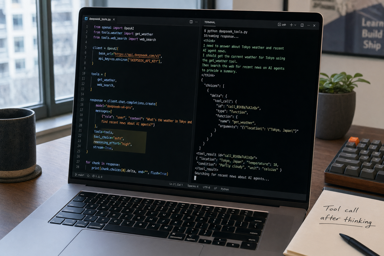 Editor and terminal showing DeepSeek V4-Pro function calling combined with thinking mode emitting a tool call after reasoning.