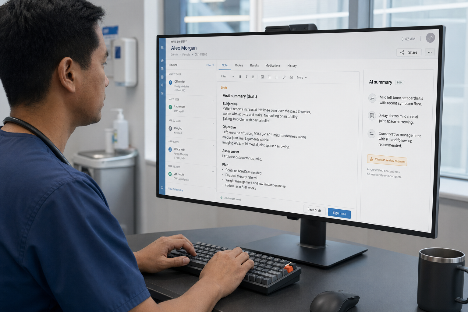 Clinician using DeepSeek for healthcare reviewing an AI-generated visit summary at a modern workstation