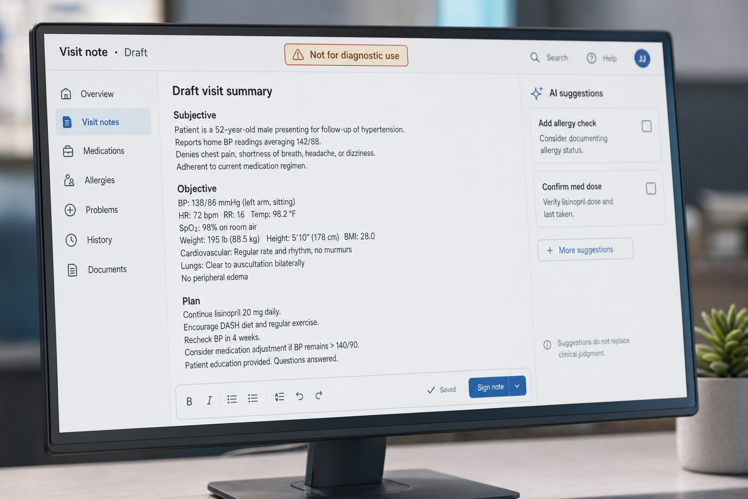 Close-up of AI-generated clinical visit summary with suggestions and a not-for-diagnostic-use banner