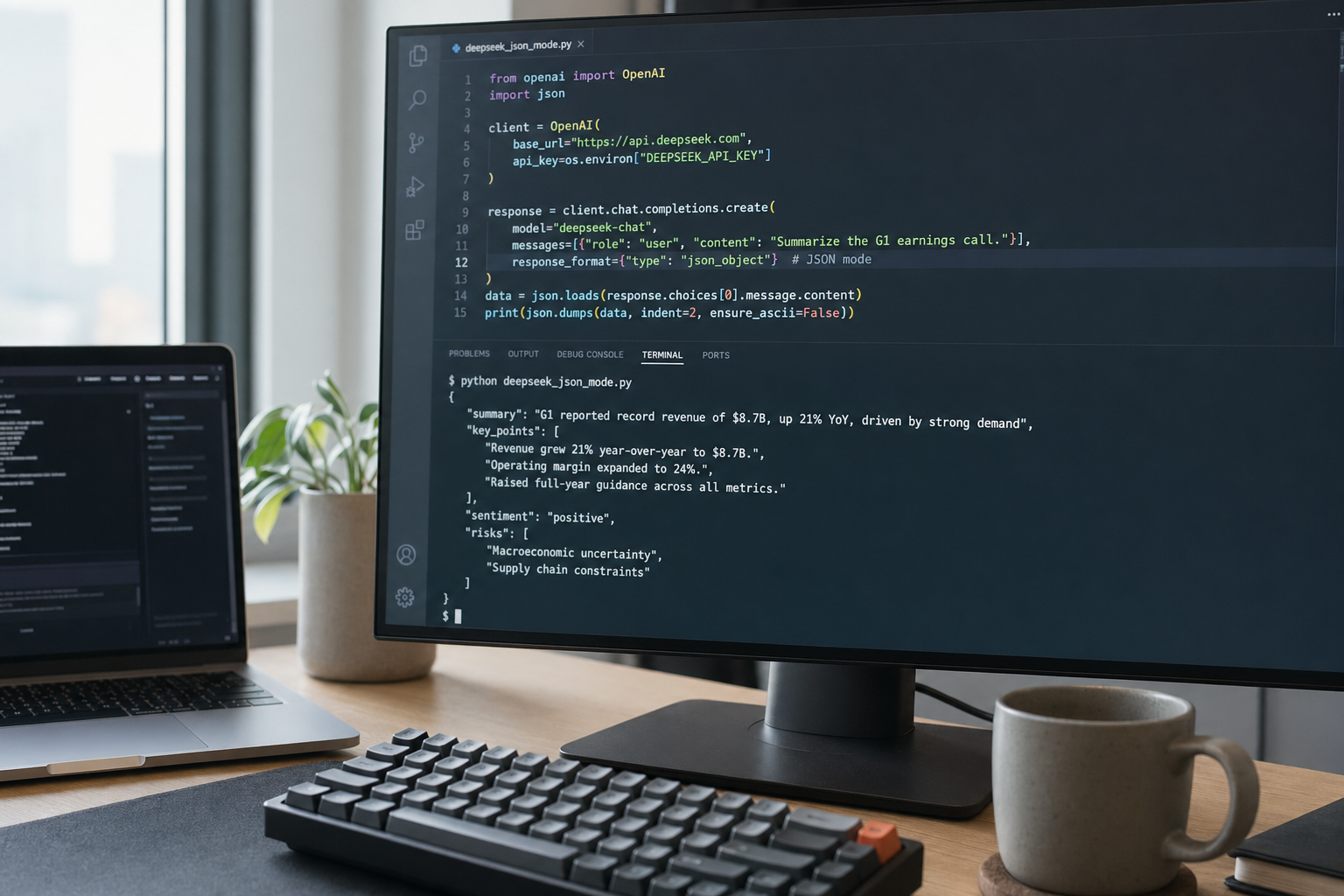 Terminal showing a parsed JSON object returned by the DeepSeek API in JSON mode beside the code editor