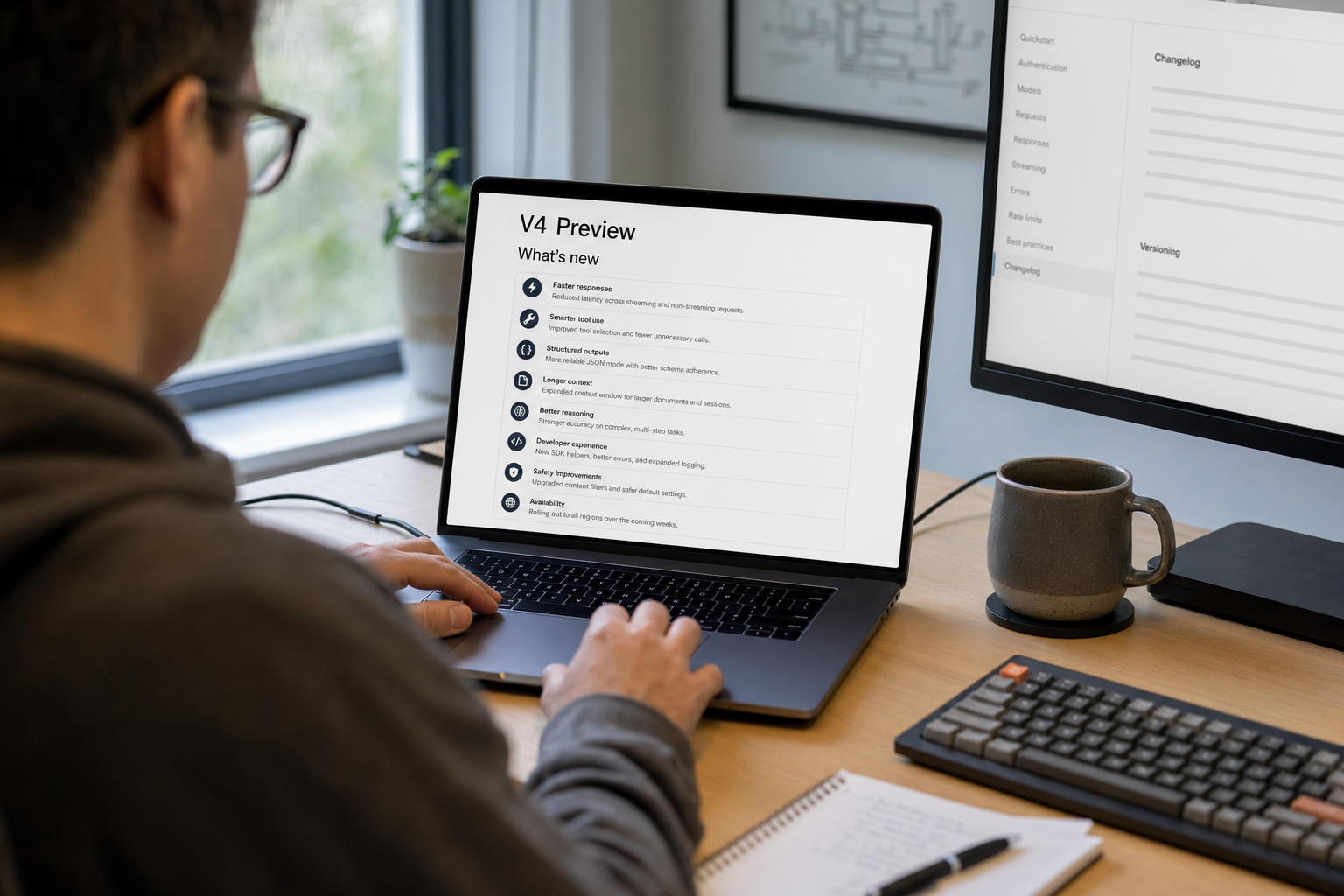 Developer reading the DeepSeek V4 Preview release notes on a MacBook in a modern home office
