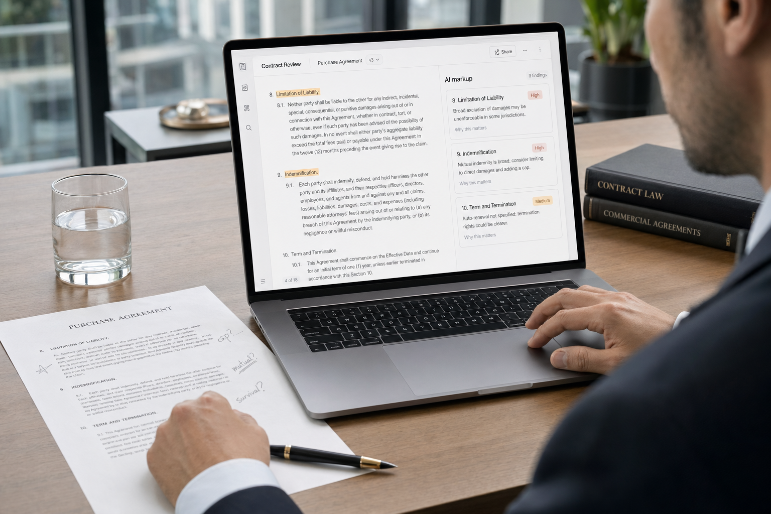 Lawyer using DeepSeek for lawyers reviewing a contract with AI-markup risk notes on screen