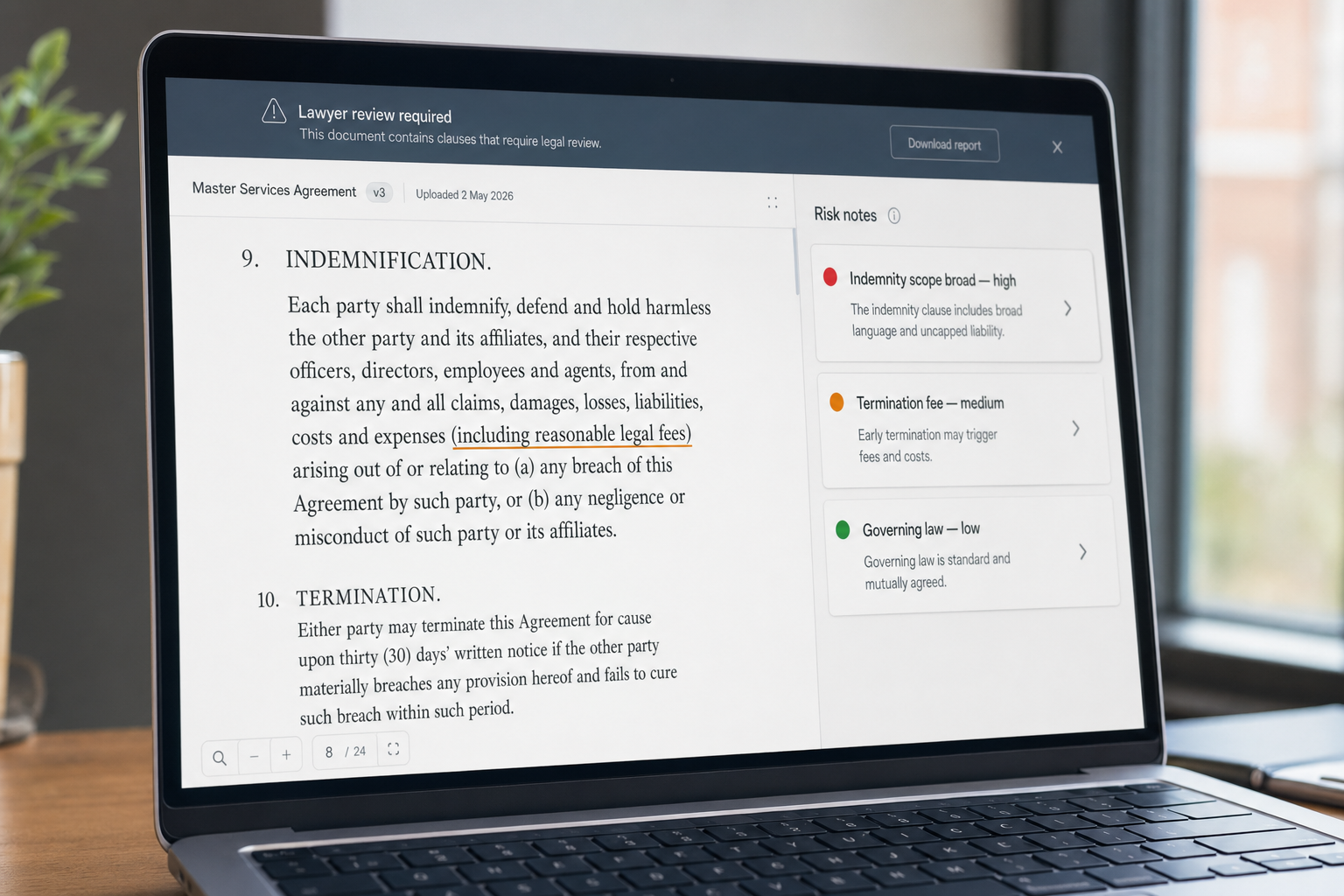 Close-up of a contract review UI with AI risk notes and a lawyer-review-required banner