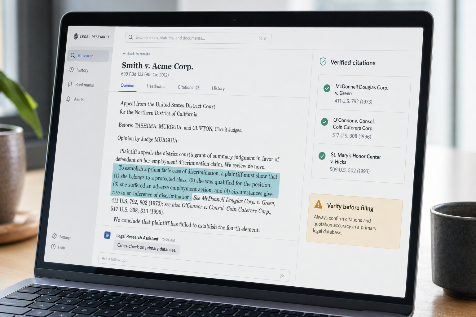 DeepSeek for legal research — citation close-up Close-up of legal research UI showing verified citations and a verify-before-filing warning banner