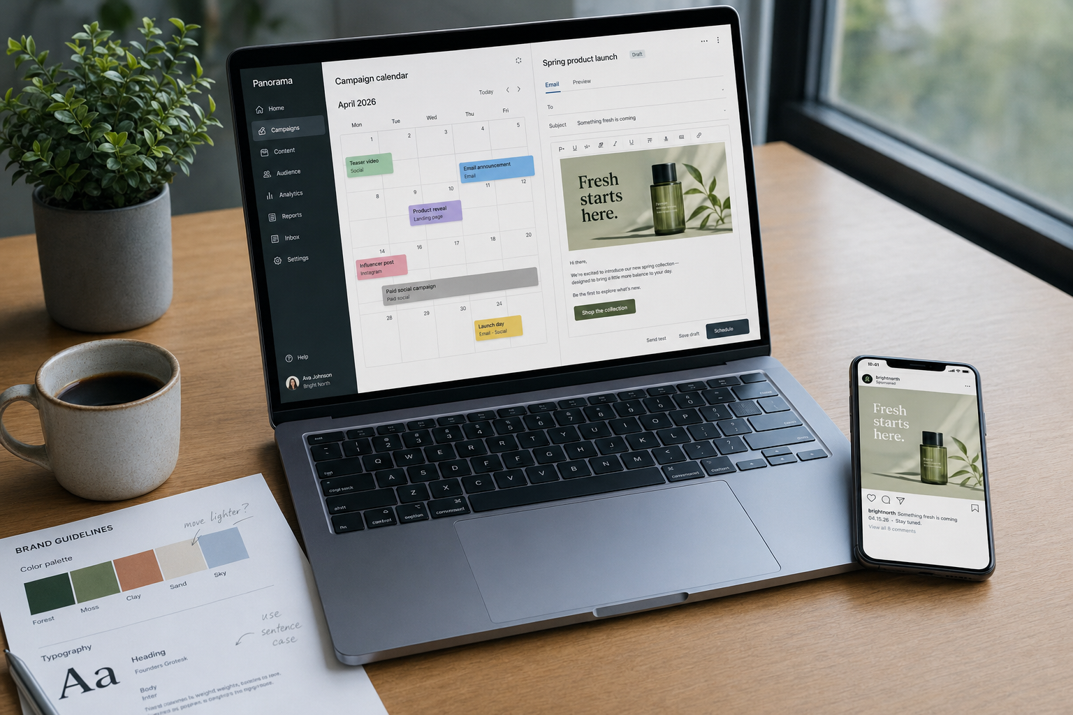 DeepSeek for marketing — desk with drafts Marketer using DeepSeek for marketing with email draft on laptop and social post mockup on phone