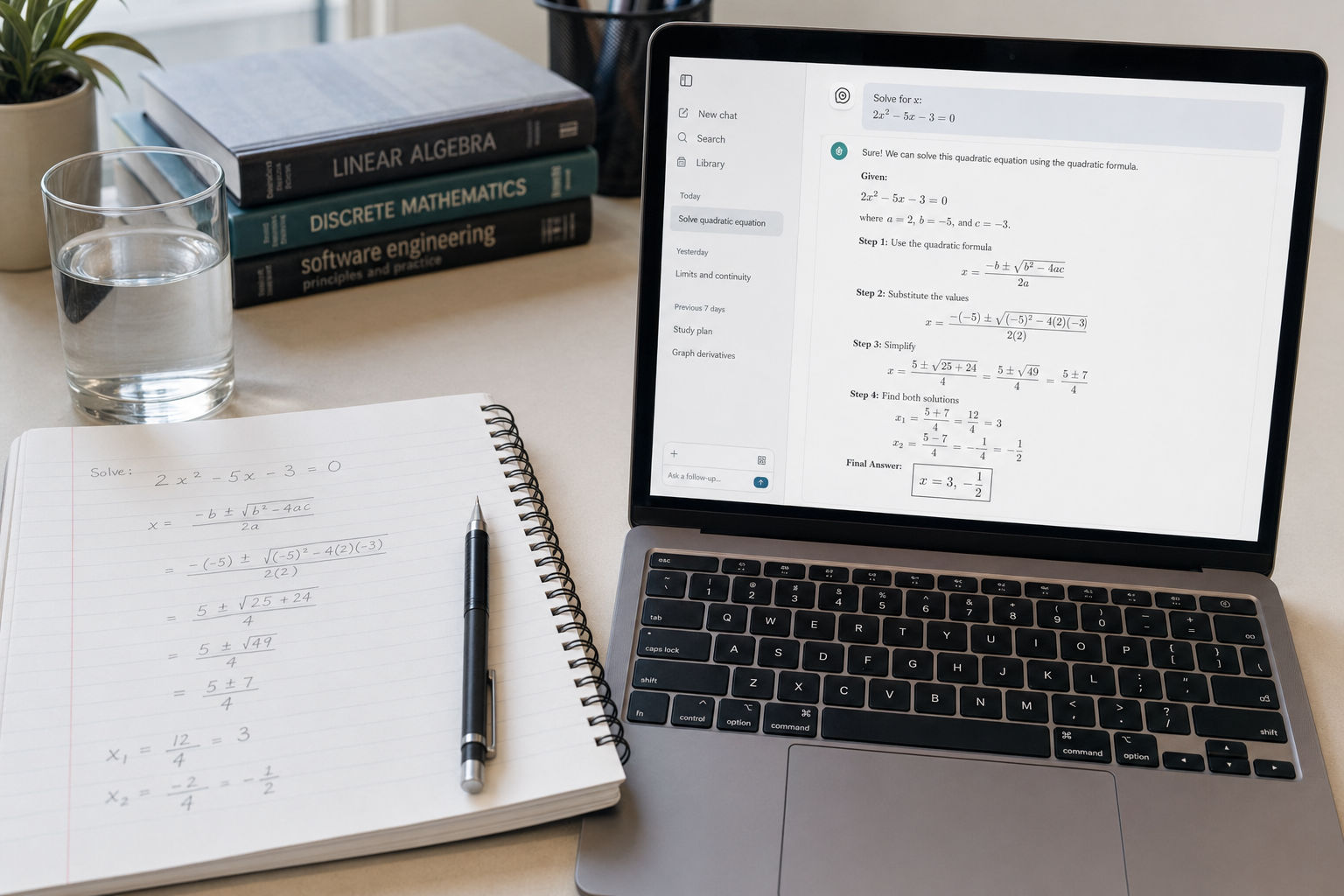 DeepSeek for math — notebook and chat UI Student using DeepSeek for math with a handwritten problem in a notebook and step-by-step solution on screen