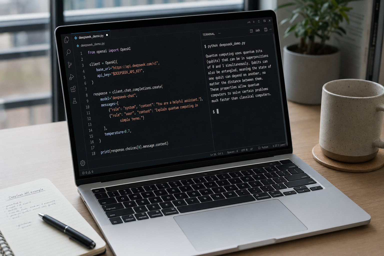 Editor showing a minimal Python script using the OpenAI client with a base_url pointing at DeepSeek