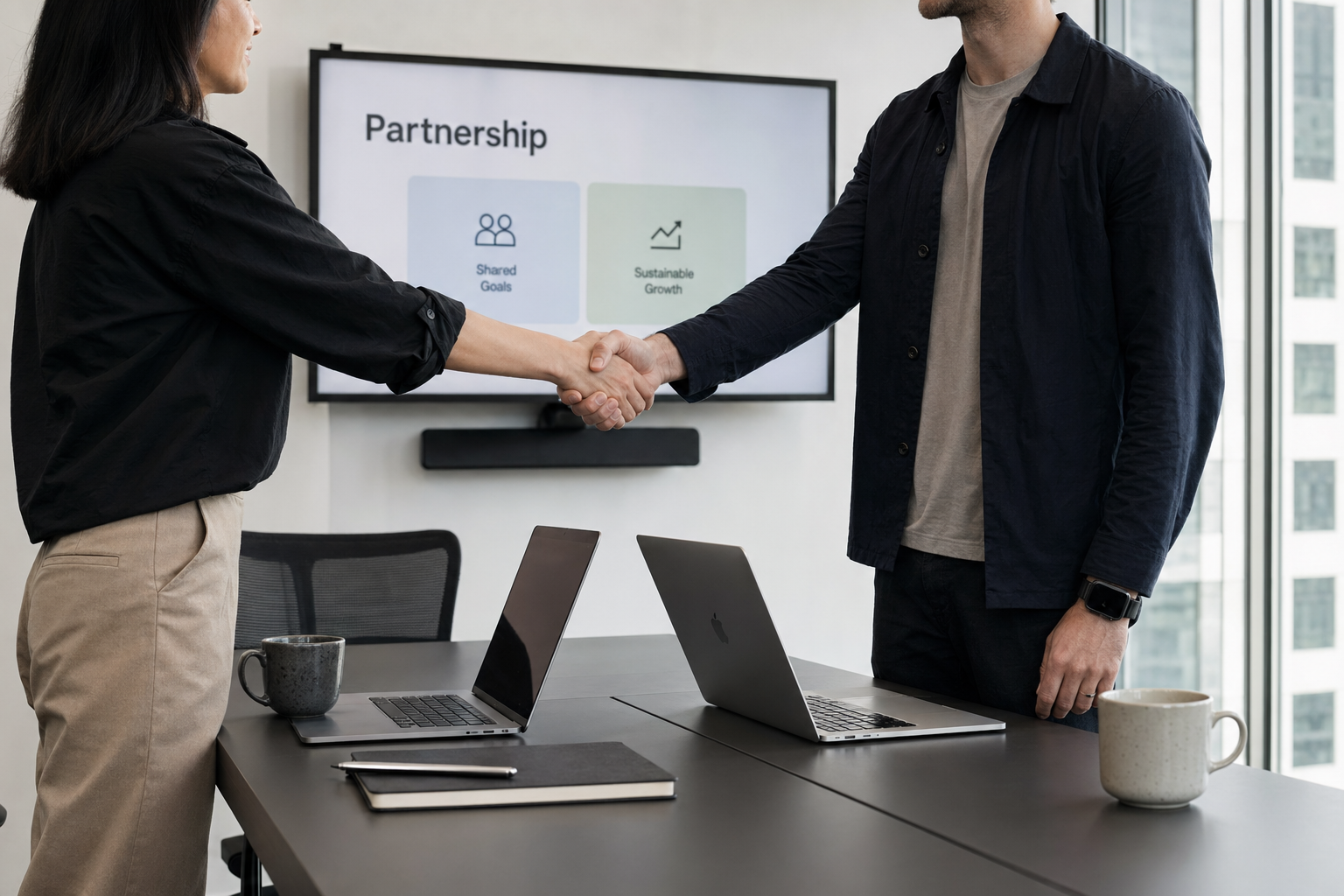DeepSeek partnerships — conference room handshake Two professionals shaking hands in a modern conference room marking a DeepSeek partnership announcement